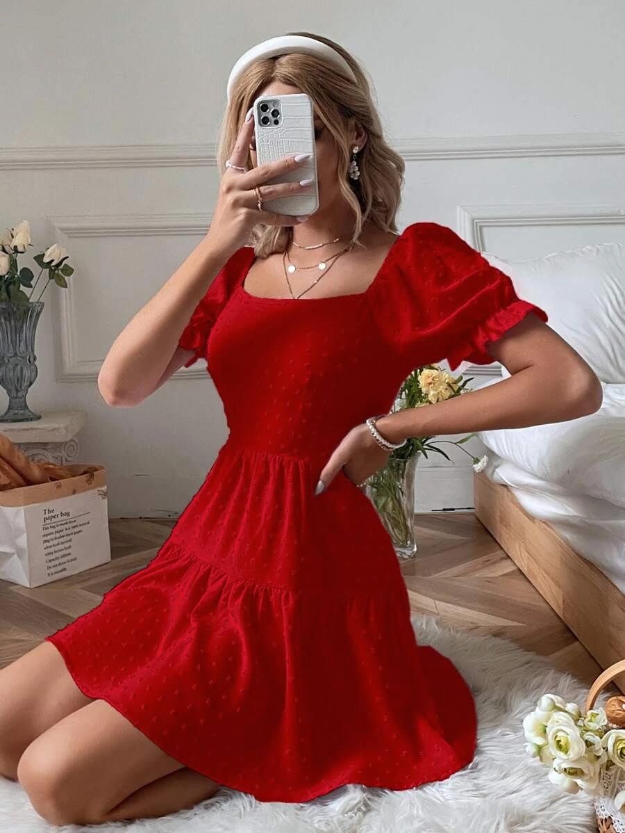 Foto 5 | Vestido De Verano Narecte Con Lunares Suizos Sin Espalda Y Dobladillo Con Volantes Rojo - Venta Internacional.