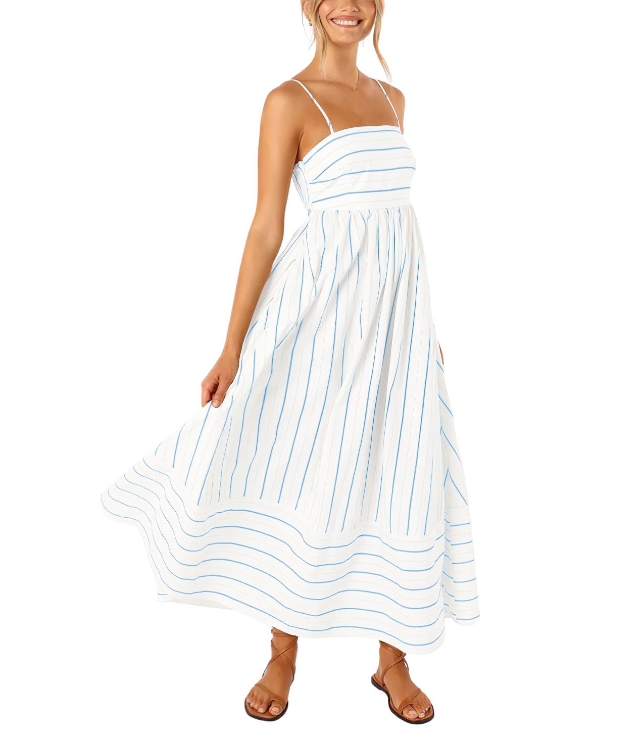 Foto 2 pulgar | Vestido Largo Chouyatou Para Mujer, A Rayas, Espalda Fruncida, Azul Blanco - Venta Internacional.