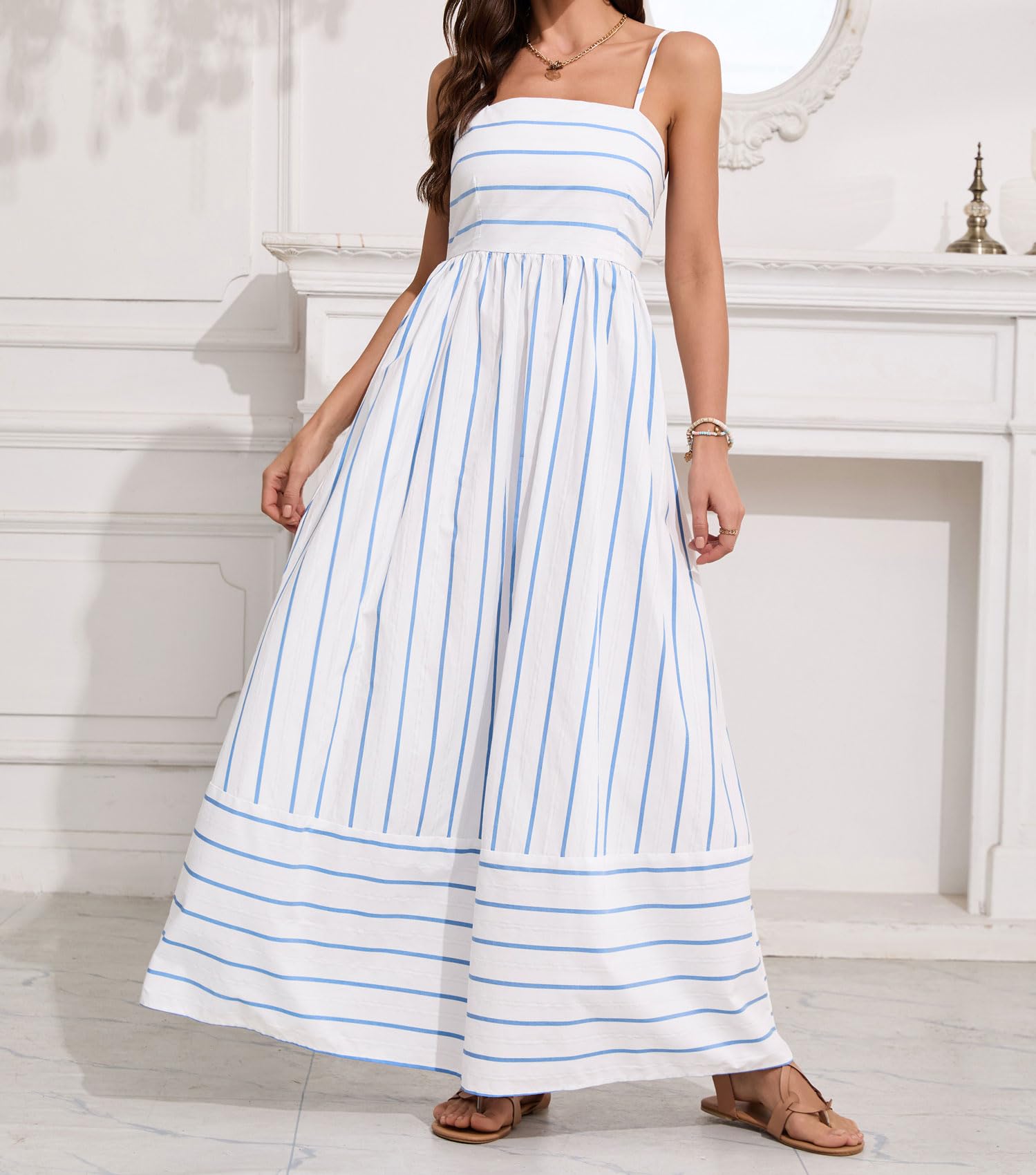 Foto 2 | Vestido Largo Chouyatou Para Mujer, A Rayas, Espalda Fruncida, Azul Blanco - Venta Internacional.