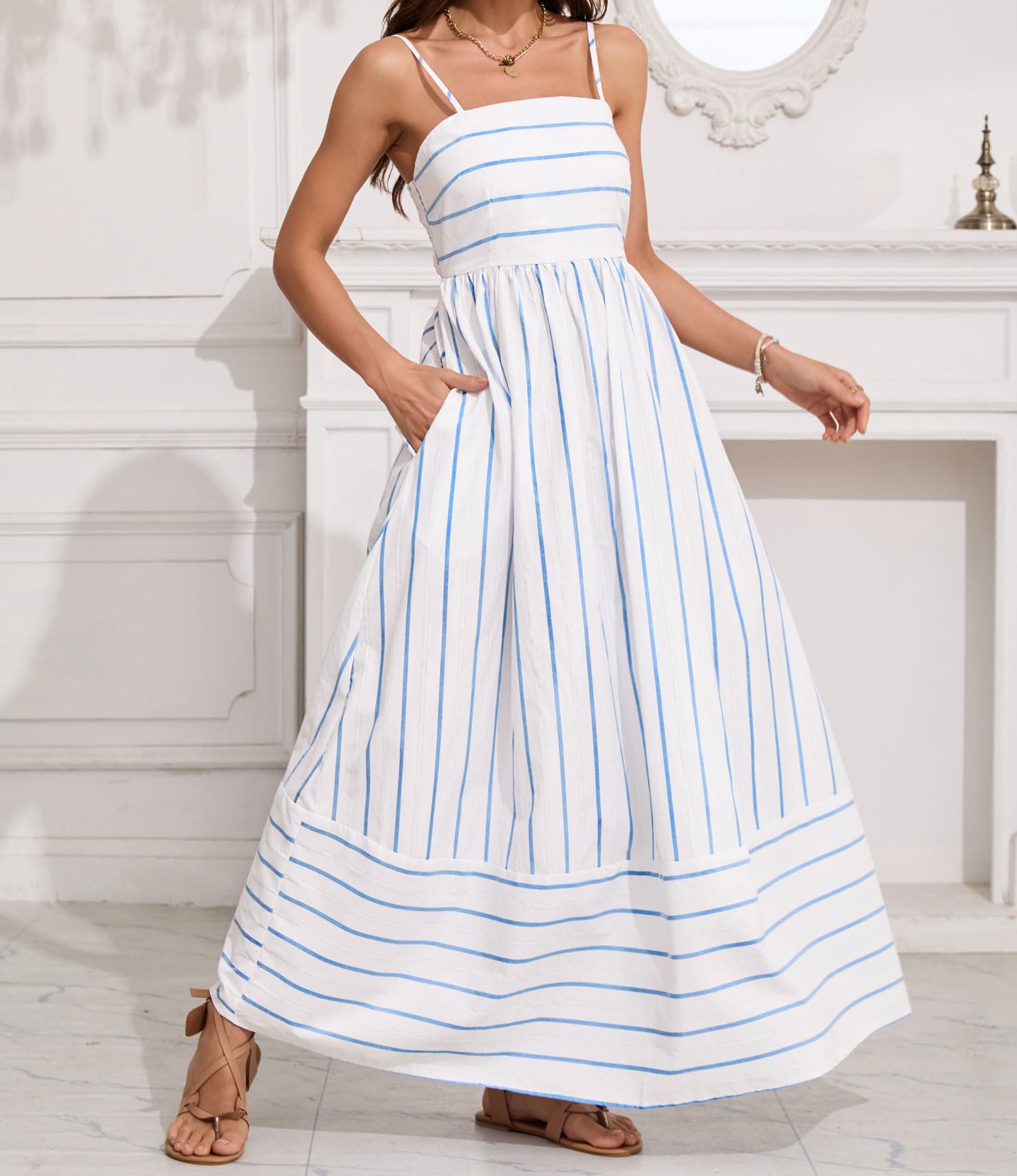 Foto 5 pulgar | Vestido Largo Chouyatou Para Mujer, A Rayas, Espalda Fruncida, Azul Blanco - Venta Internacional.