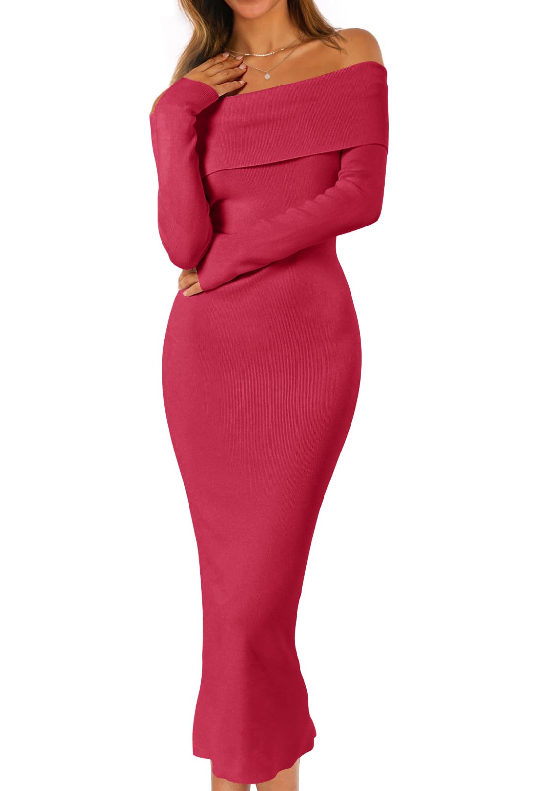 Foto 2 pulgar | Vestido Tipo Suéter Merokeety Para Mujer, Con Hombros Descubiertos, Rojo, Talla Pequeña - Venta Internacional.
