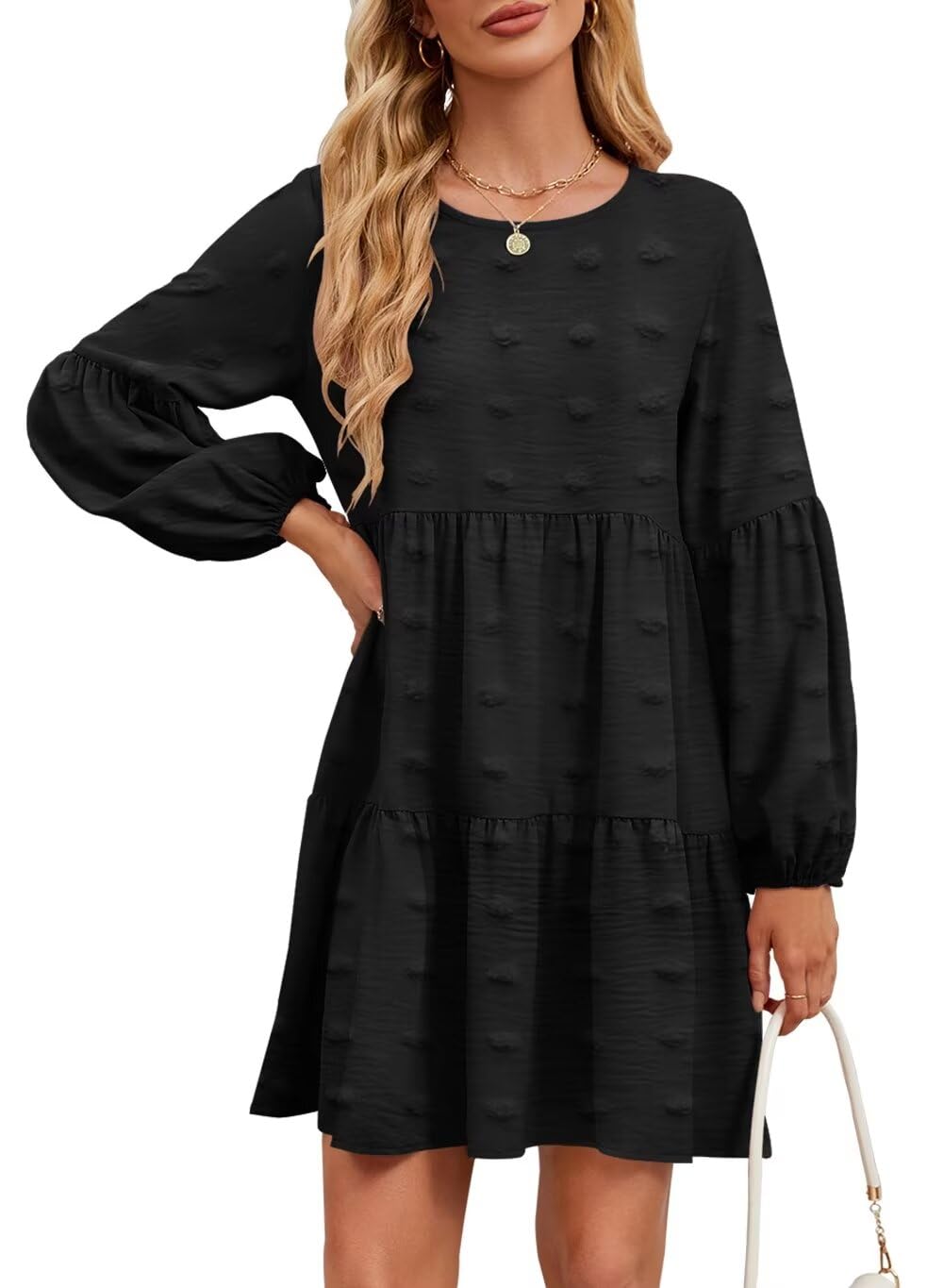 Foto 2 pulgar | Vestido Casual Qacohu 2024 Con Lunares Suizos, Túnica, Manga Linterna, Mujer - Venta Internacional.