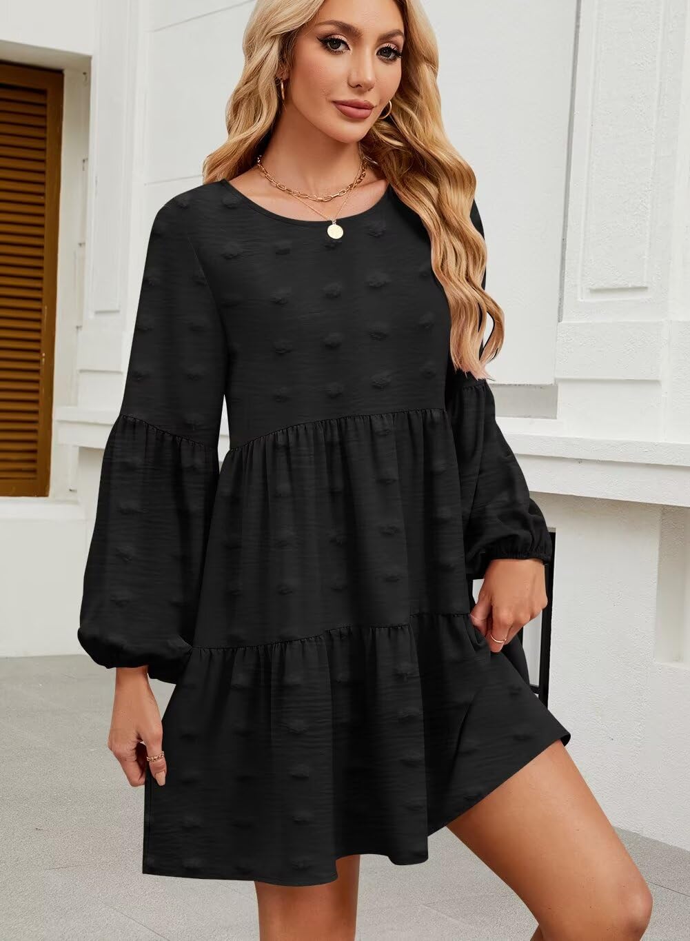 Foto 3 pulgar | Vestido Casual Qacohu 2024 Con Lunares Suizos, Túnica, Manga Linterna, Mujer - Venta Internacional.