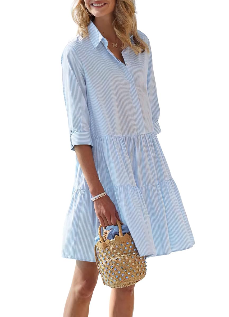 Foto 1 | Vestido Camisero Chouyatou Para Mujer, A Rayas, Con Botones, Azul - Venta Internacional.