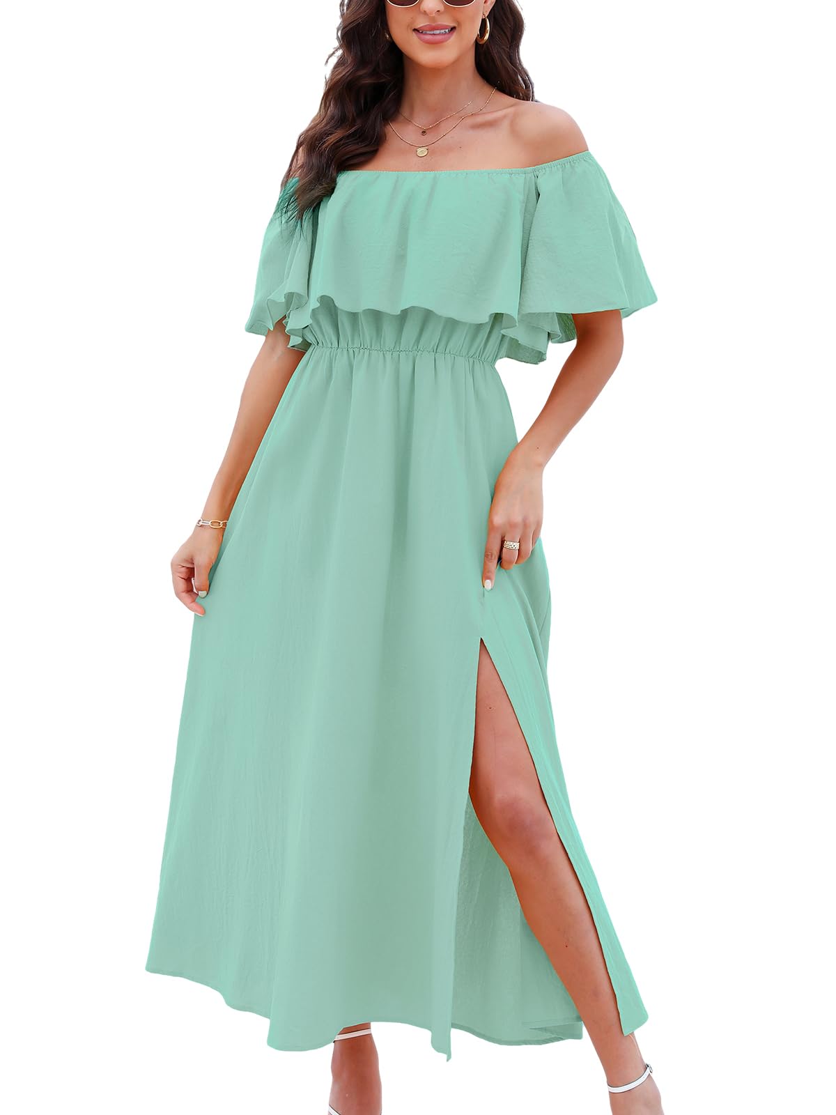 Foto 2 pulgar | Vestido Largo Cupshe Para Mujer, Cuello Descubierto, Manga Corta, Color Menta - Venta Internacional.