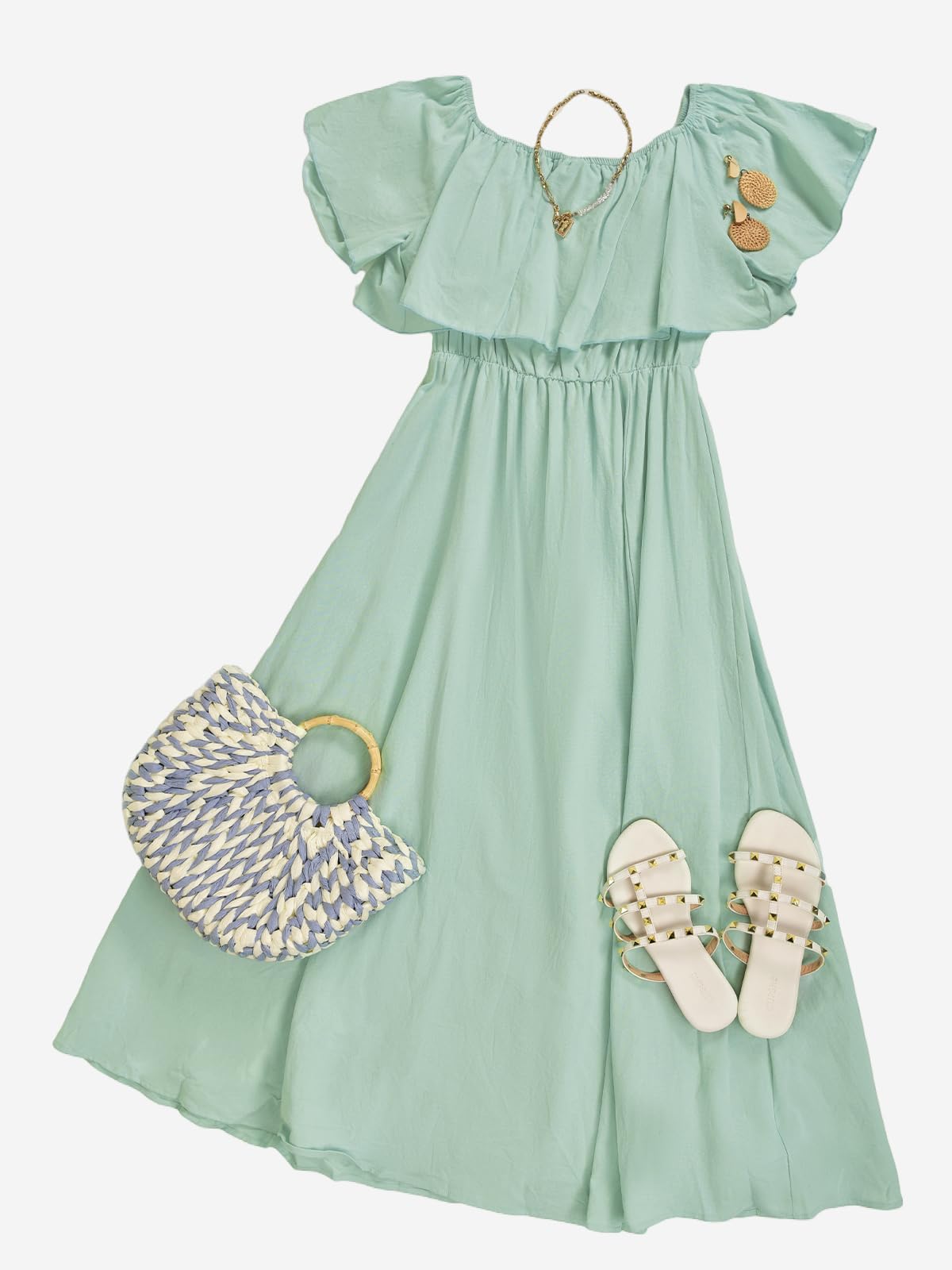 Foto 6 pulgar | Vestido Largo Cupshe Para Mujer, Cuello Descubierto, Manga Corta, Color Menta - Venta Internacional.