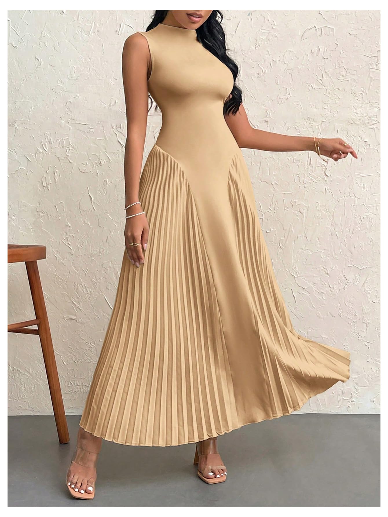 Foto 4 pulgar | Vestido Largo Soly Hux Sin Mangas A Line Para Mujer, Color Caqui - Venta Internacional.