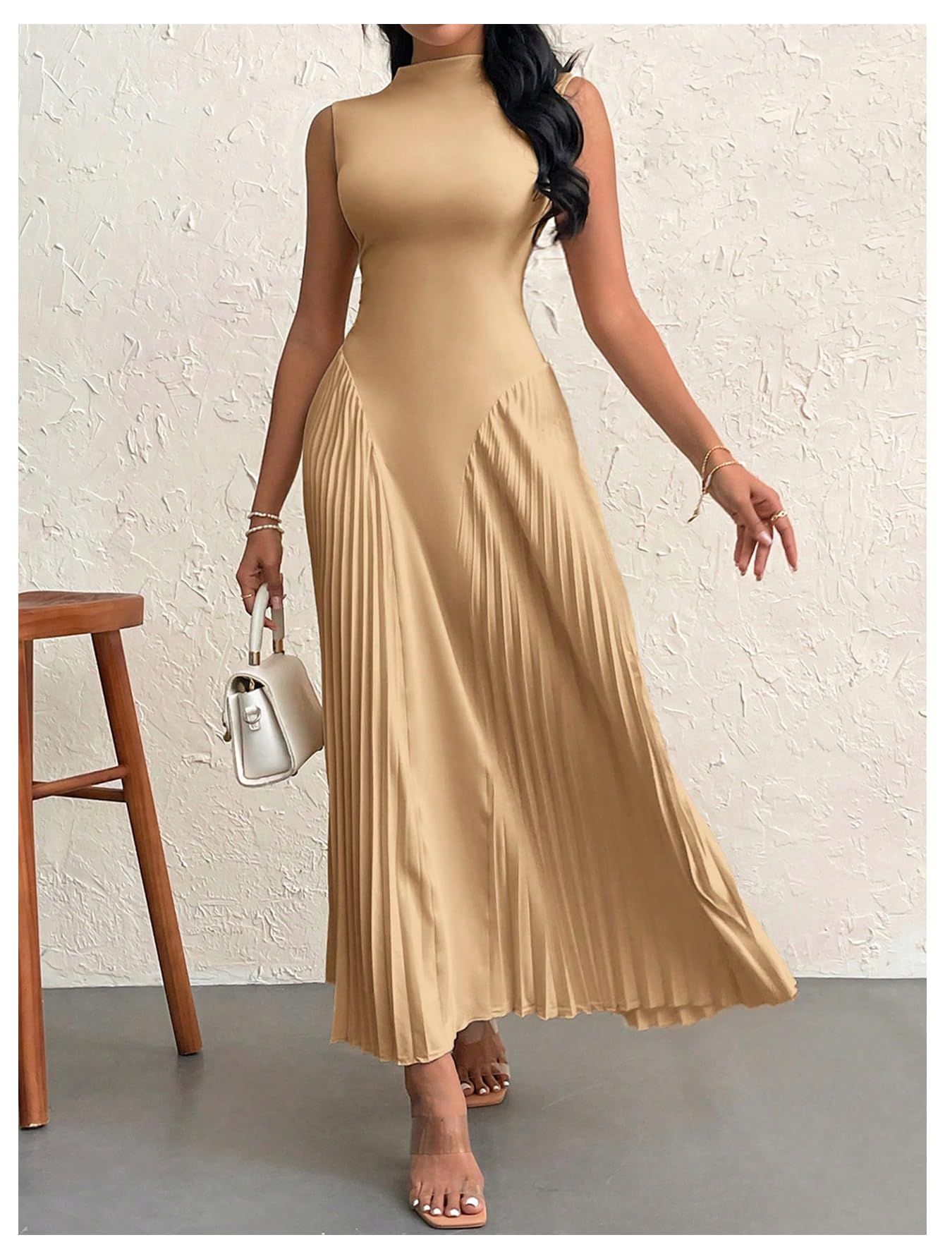 Foto 7 pulgar | Vestido Largo Soly Hux Sin Mangas A Line Para Mujer, Color Caqui - Venta Internacional.