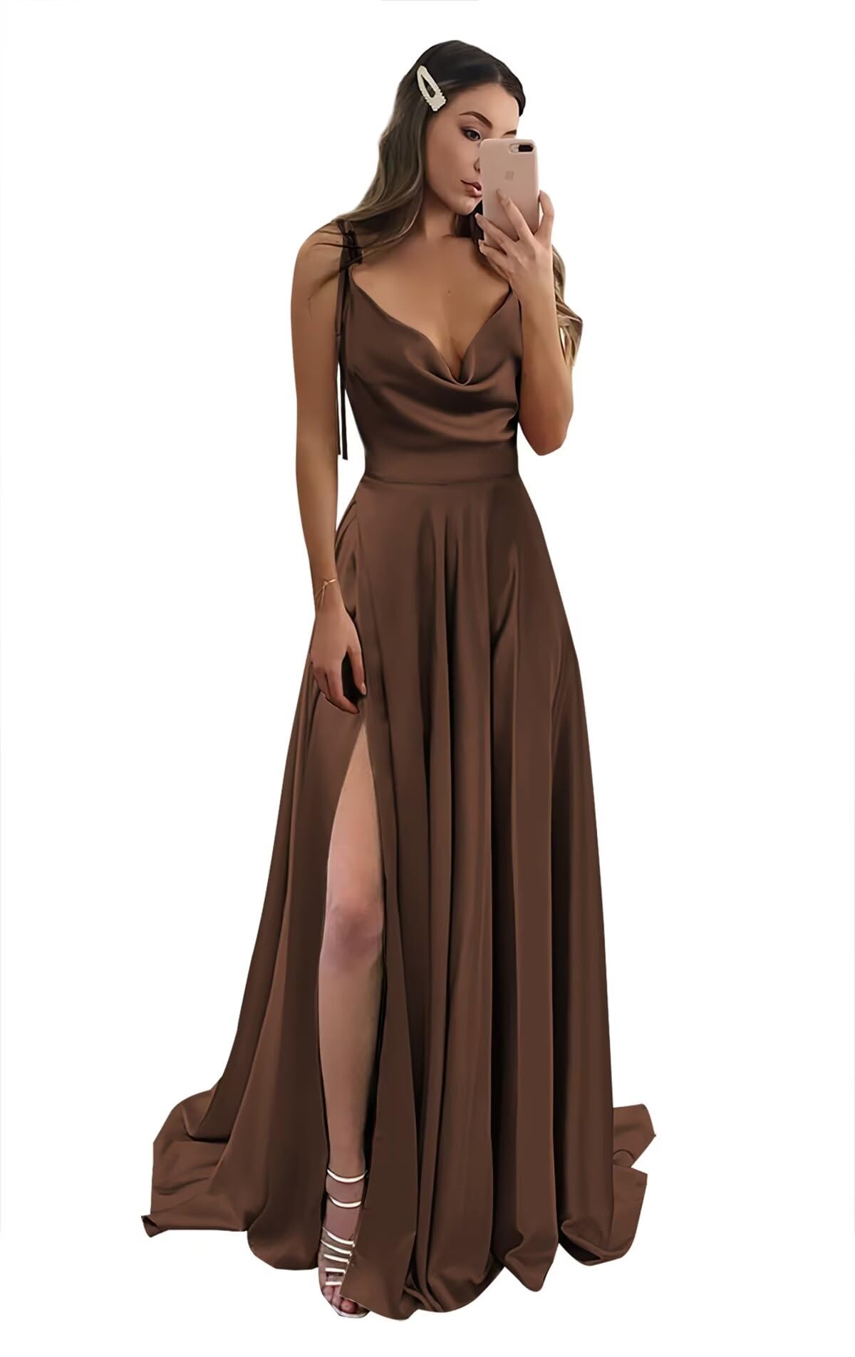 Foto 2 pulgar | Vestido De Fiesta Monvelli De Satén Con Cuello Vuelto Y Abertura En La Espalda, Marrón - Venta Internacional.