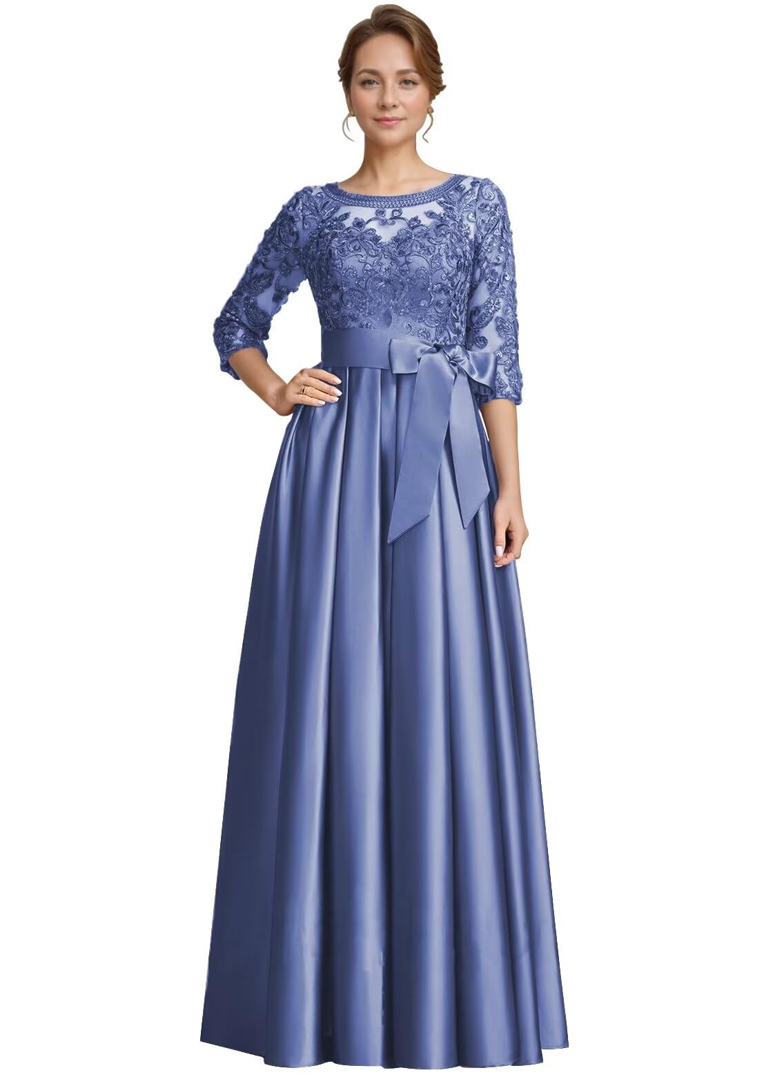 Foto 1 | Vestido Formal Raomiao Azul Empolvado Satinado Con Apliques De Encaje Para Mujer - Venta Internacional.