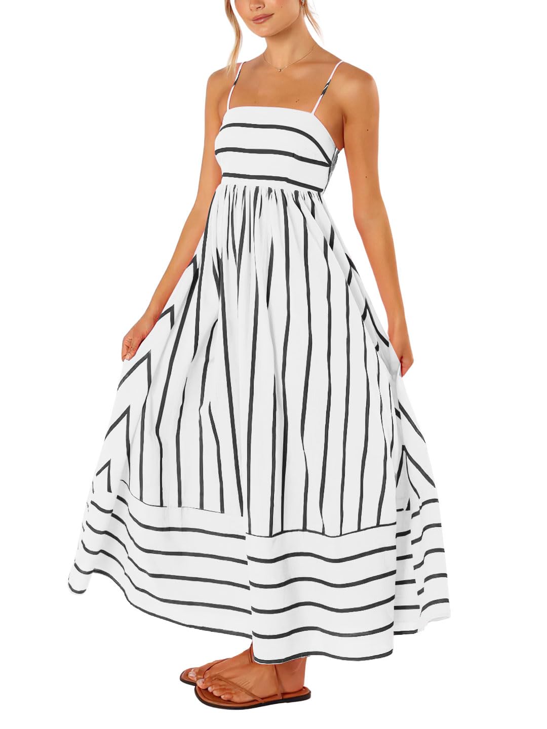 Foto 3 pulgar | Vestido Largo Chouyatou Para Mujer, A Rayas, Espalda Fruncida, Negro Y Blanco - Venta Internacional.
