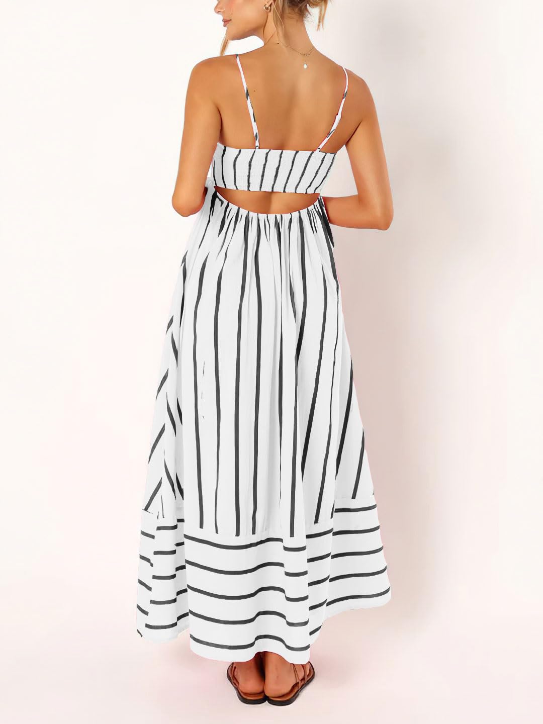 Foto 4 pulgar | Vestido Largo Chouyatou Para Mujer, A Rayas, Espalda Fruncida, Negro Y Blanco - Venta Internacional.