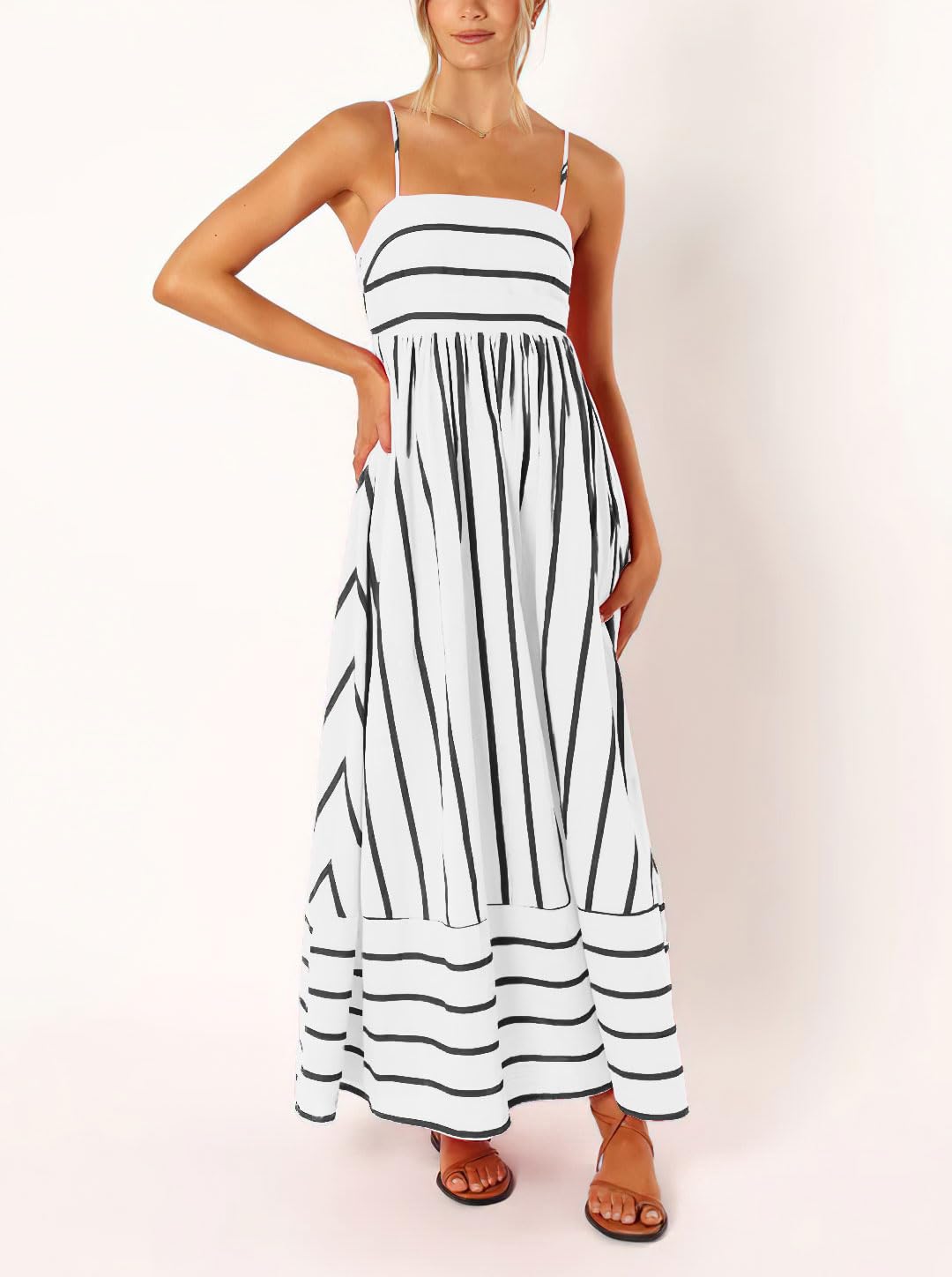 Foto 5 pulgar | Vestido Largo Chouyatou Para Mujer, A Rayas, Espalda Fruncida, Negro Y Blanco - Venta Internacional.
