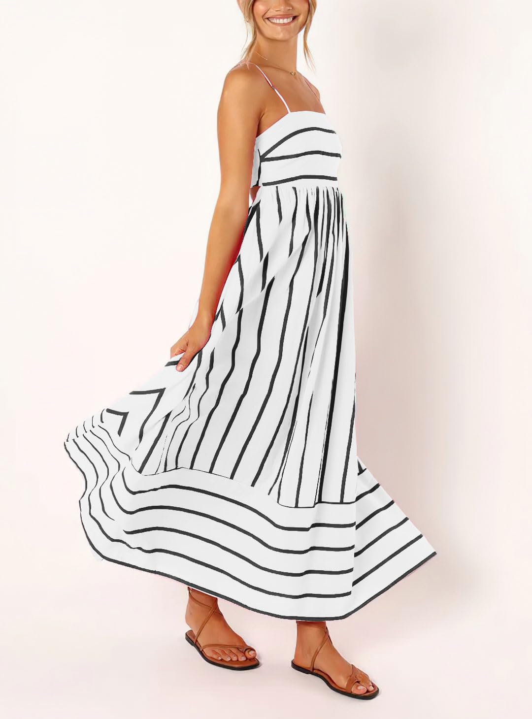 Foto 6 pulgar | Vestido Largo Chouyatou Para Mujer, A Rayas, Espalda Fruncida, Negro Y Blanco - Venta Internacional.