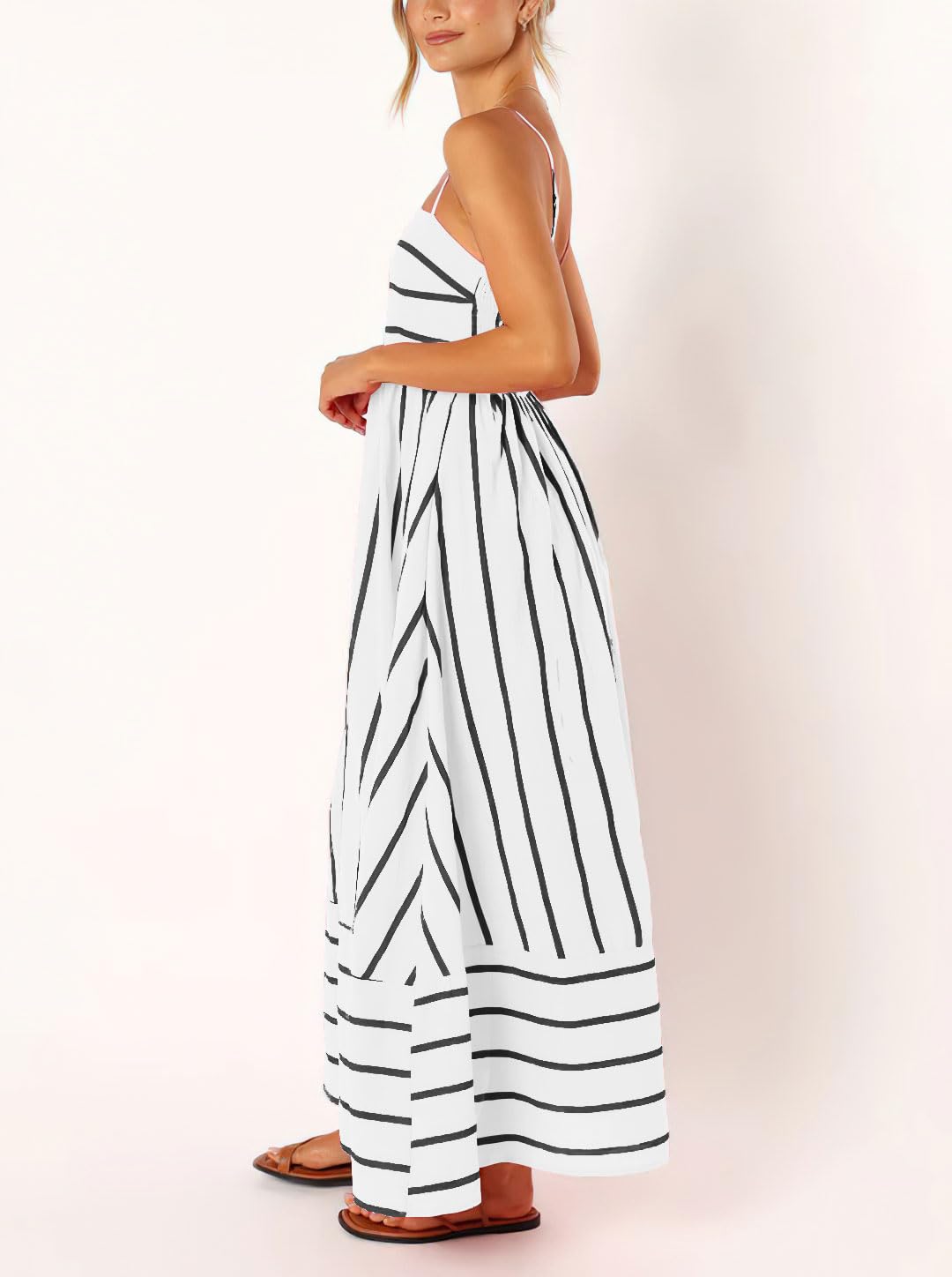 Foto 7 pulgar | Vestido Largo Chouyatou Para Mujer, A Rayas, Espalda Fruncida, Negro Y Blanco - Venta Internacional.