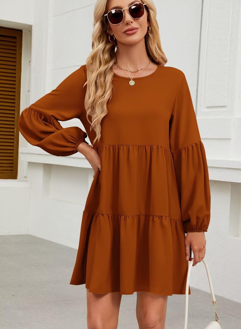 Foto 7 pulgar | Vestido Túnica Qacohu Para Mujer 2024, Manga Larga, Otoño, Caramelo, Xxl - Venta Internacional.