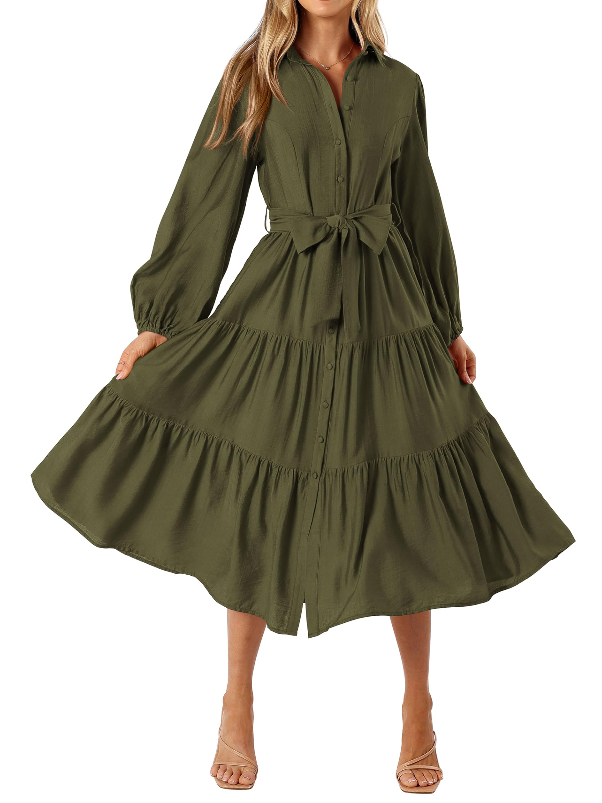 Foto 2 pulgar | Vestido Mascomoda Para Mujer, Otoño 2024, Manga Larga, Midi, Verde Militar - Venta Internacional.
