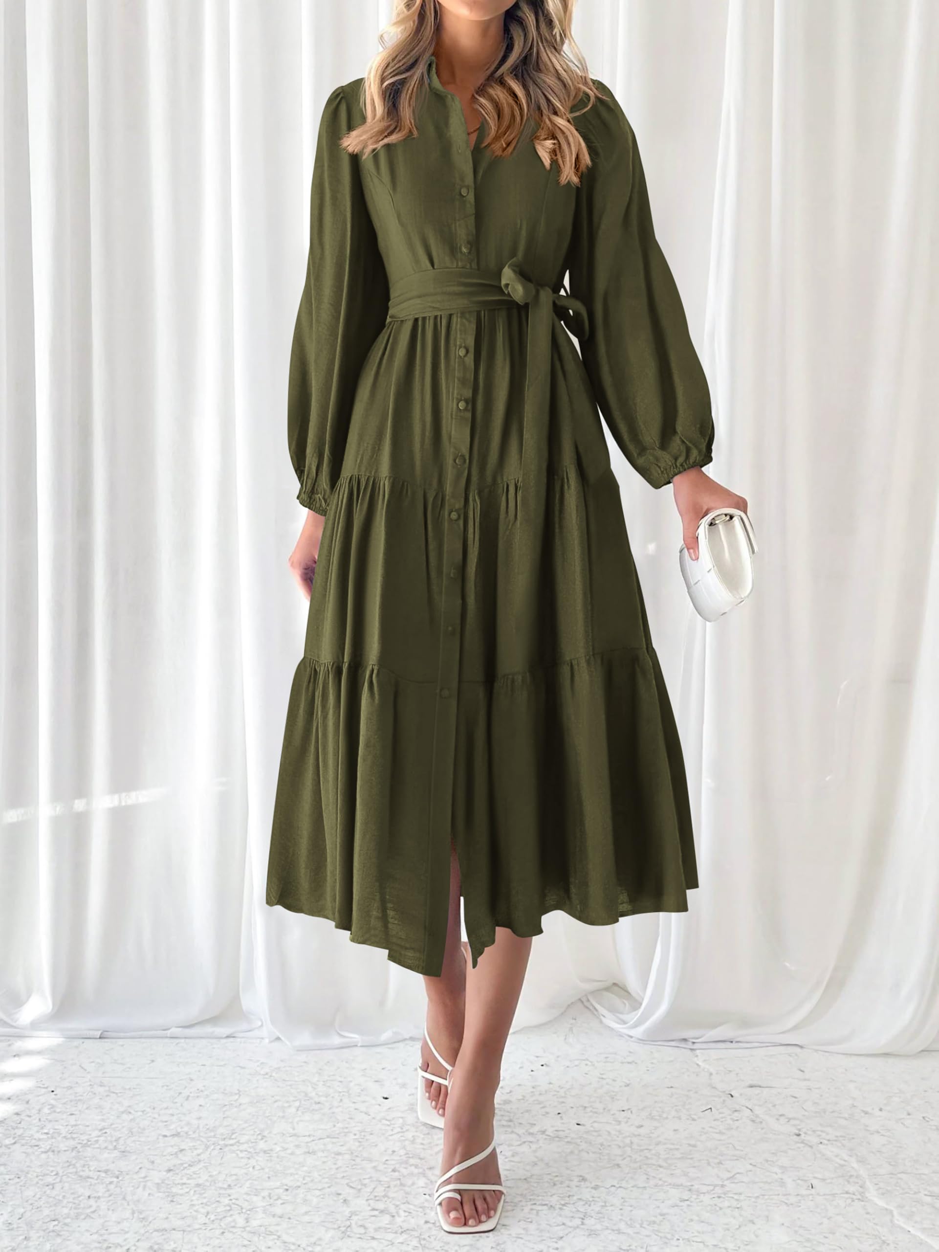 Foto 4 pulgar | Vestido Mascomoda Para Mujer, Otoño 2024, Manga Larga, Midi, Verde Militar - Venta Internacional.