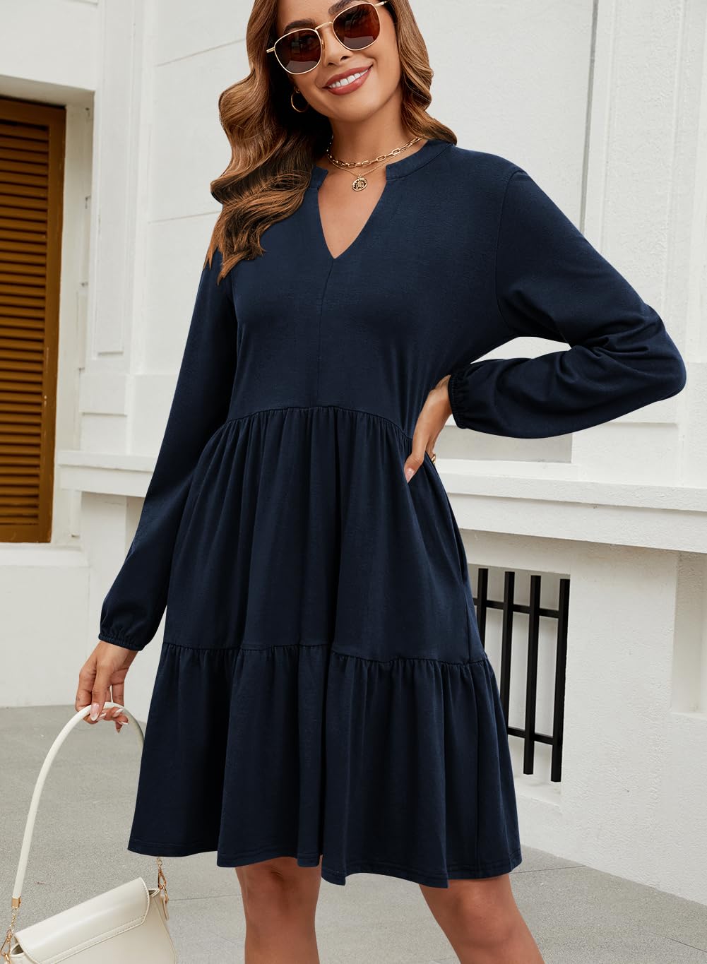 Foto 5 pulgar | Vestido Qacohu 2024 Con Cuello En V, Camisa, Para Mujer, Primavera, Otoño, Azul - Venta Internacional.