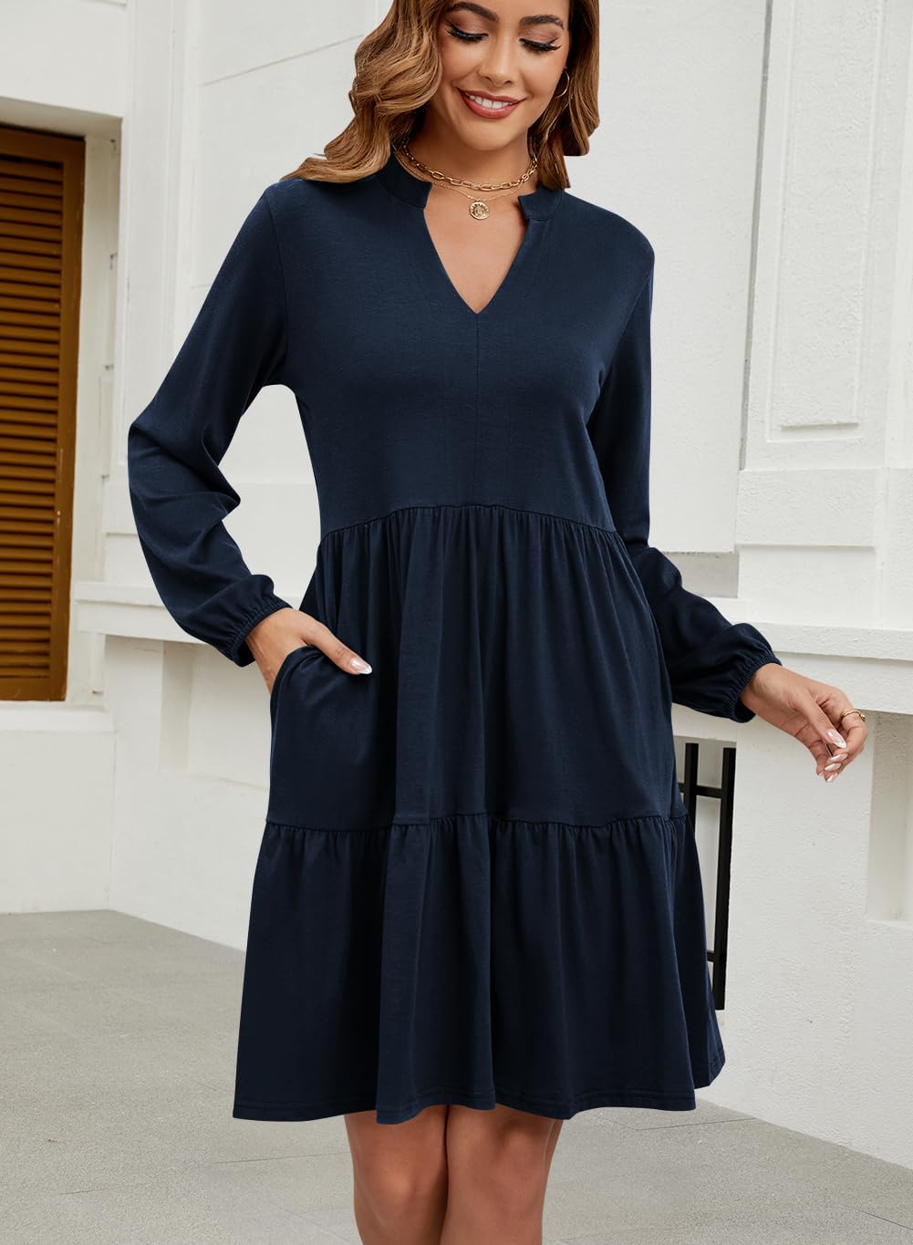 Foto 6 pulgar | Vestido Qacohu 2024 Con Cuello En V, Camisa, Para Mujer, Primavera, Otoño, Azul - Venta Internacional.