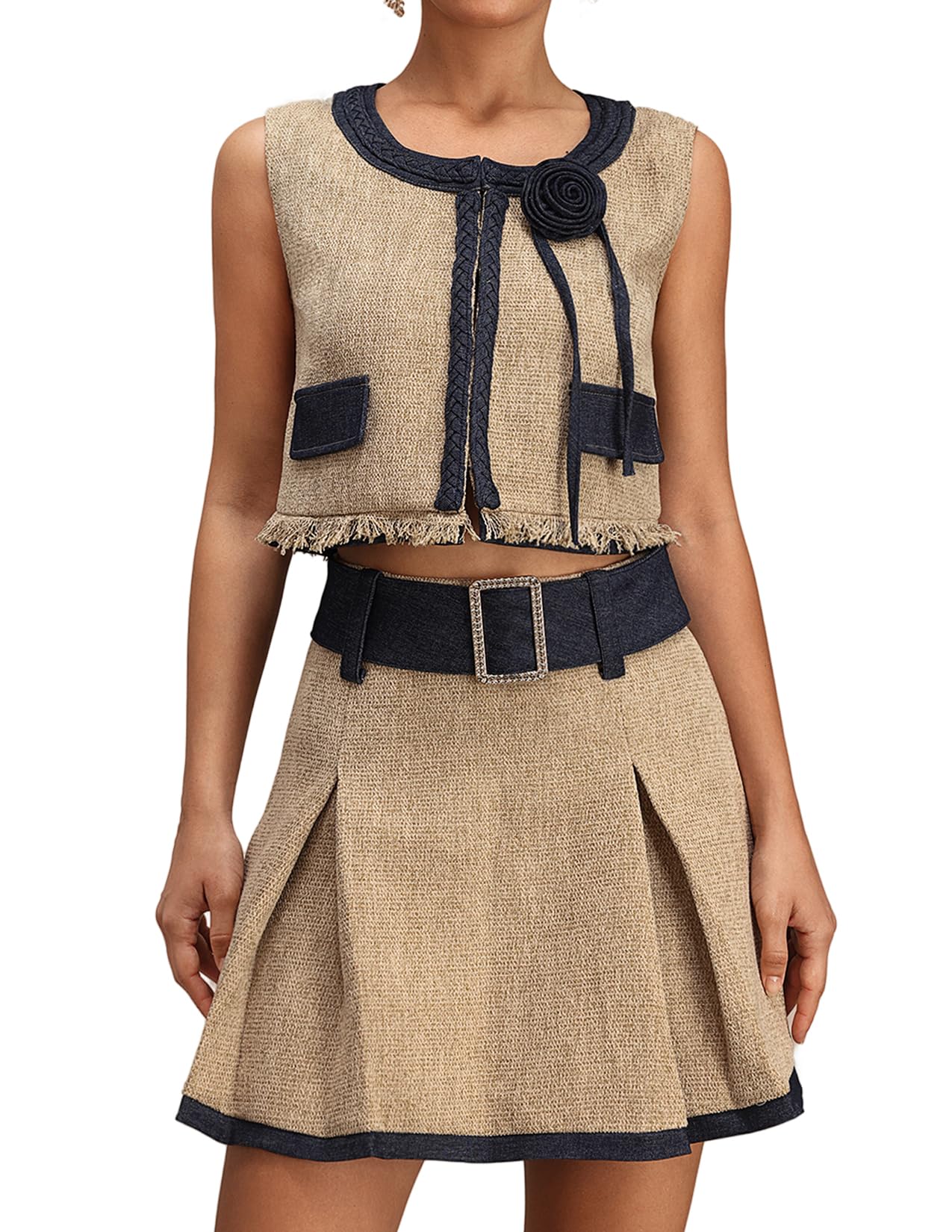 Set De Dos Piezas De Tweed Tsukko Beige Y Azul Marino Para Mujer - Venta Internacional.
