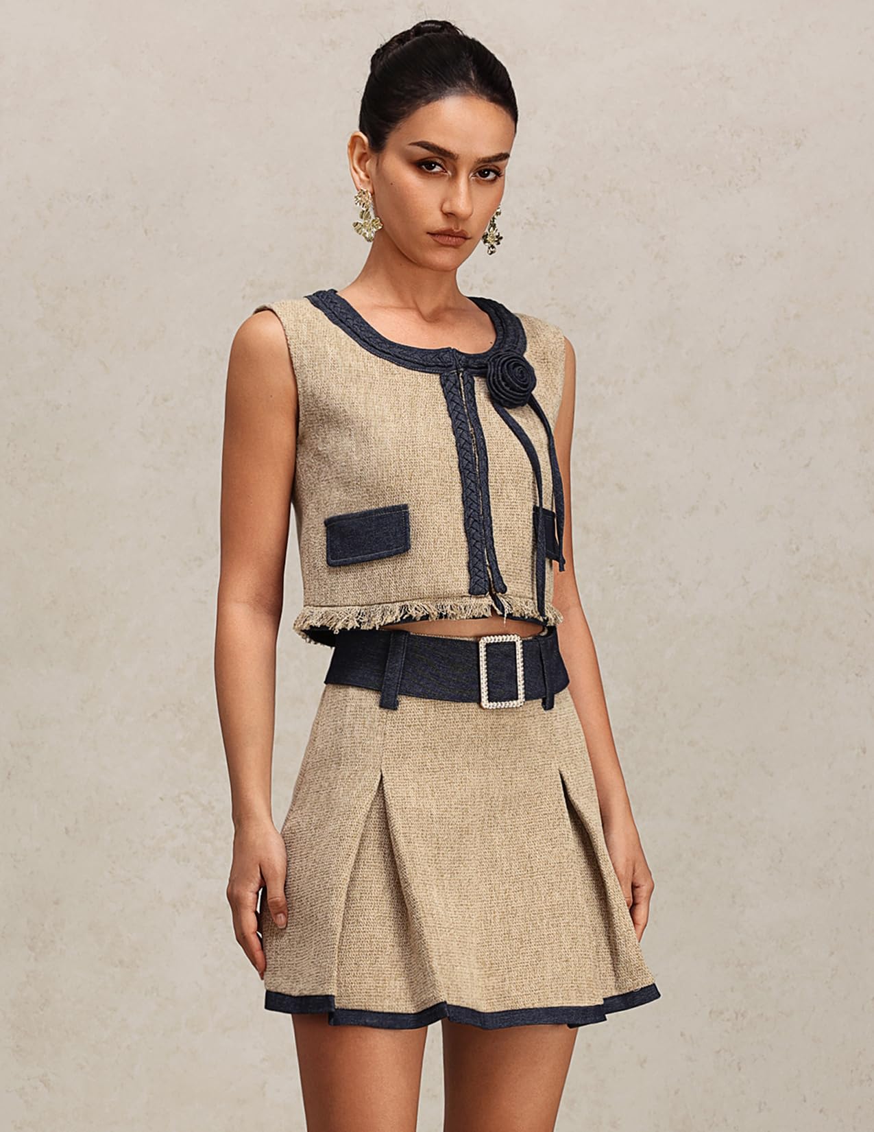 Foto 3 | Set De Dos Piezas De Tweed Tsukko Beige Y Azul Marino Para Mujer - Venta Internacional.