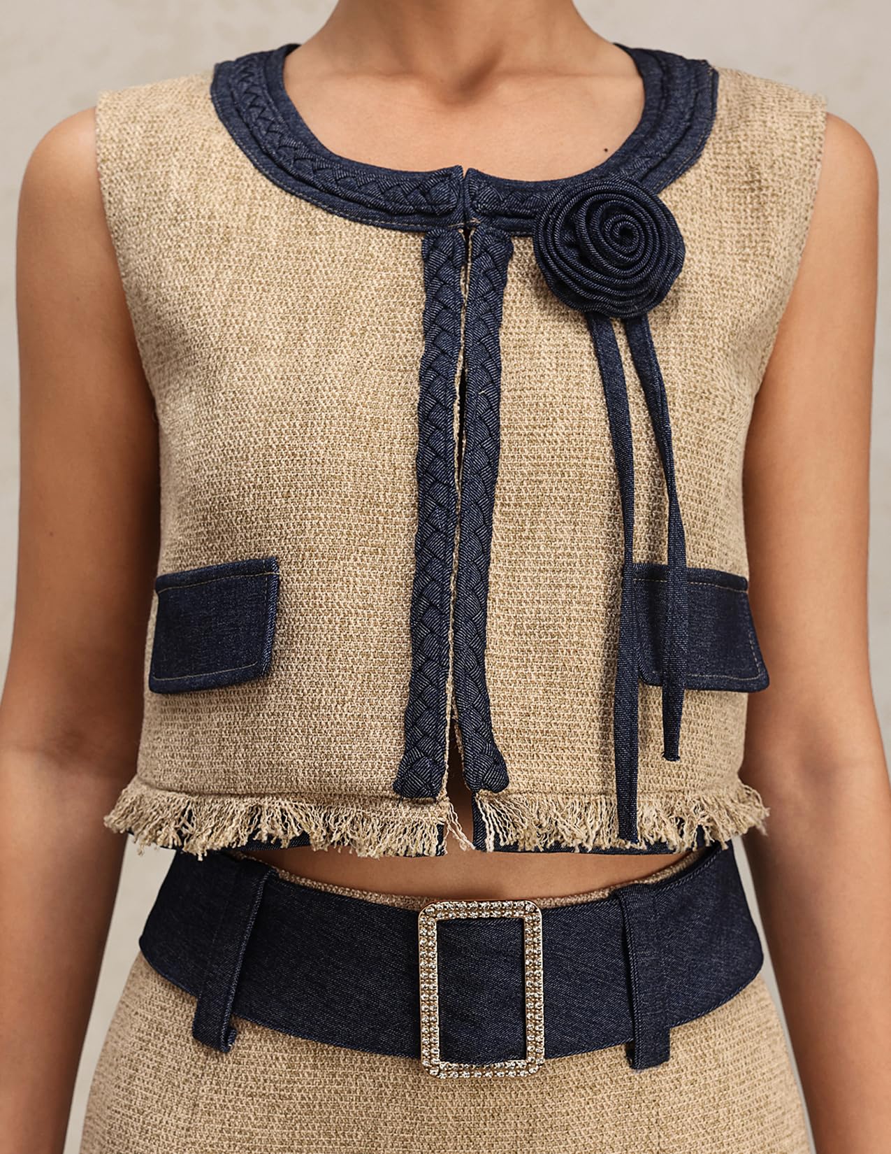 Foto 6 pulgar | Set De Dos Piezas De Tweed Tsukko Beige Y Azul Marino Para Mujer - Venta Internacional.
