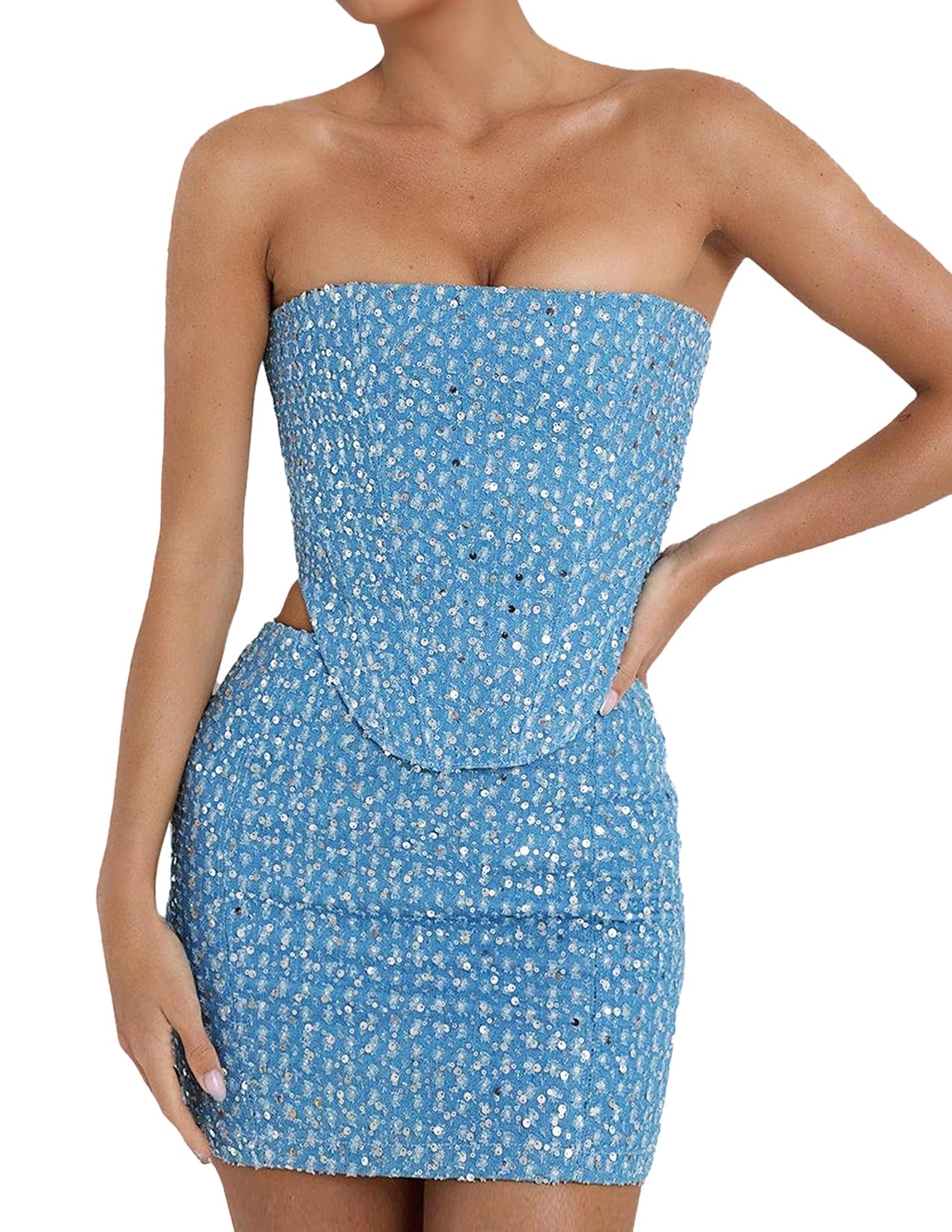 Conjunto De Falda Tsukko Diamond Para Mujer Con Lentejuelas Azules Sin Mangas - Venta Internacional.