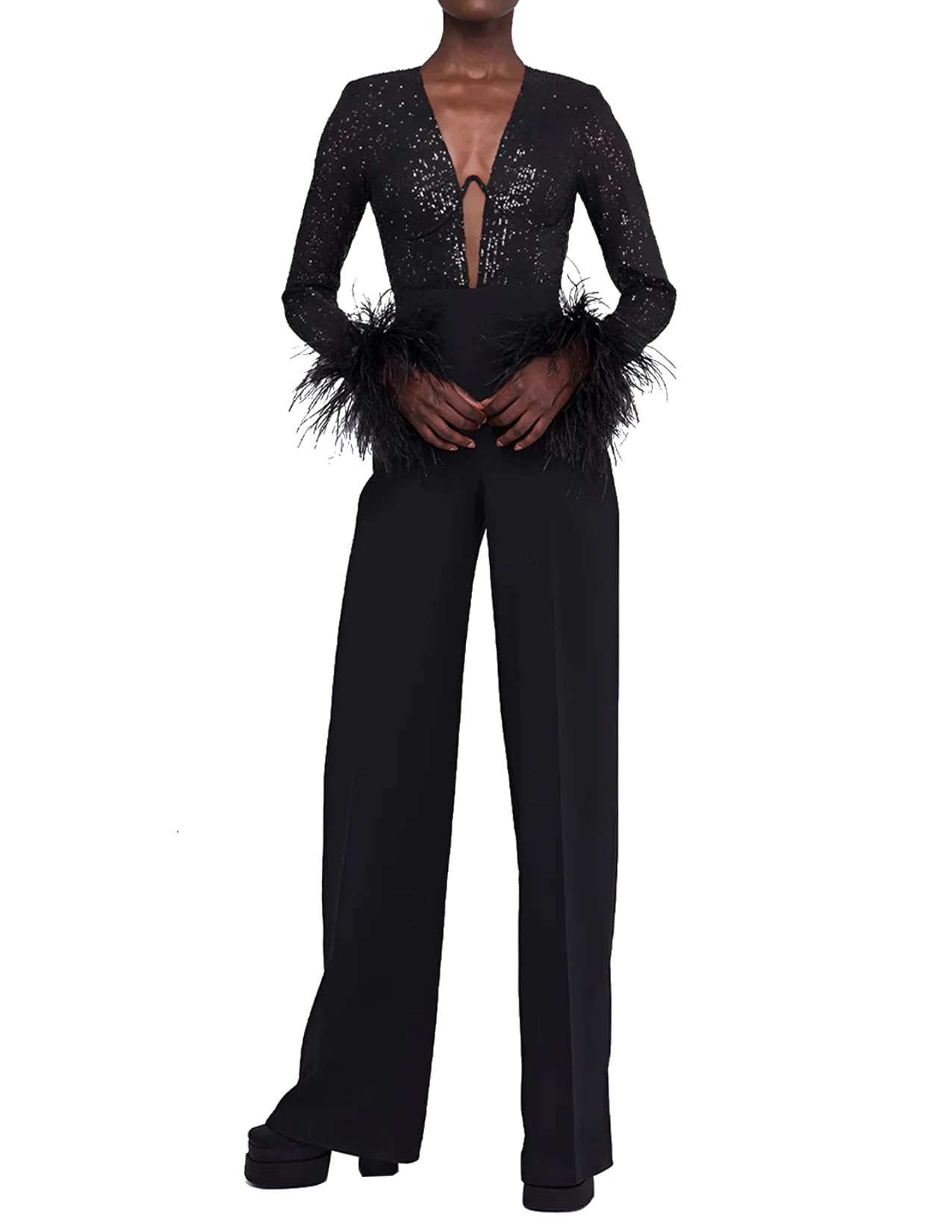 Mono Bella Barnett Negro De Manga Larga Con Puños De Plumas Para Mujer - Venta Internacional.