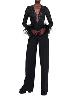 Foto 1 | Mono Bella Barnett Negro De Manga Larga Con Puños De Plumas Para Mujer - Venta Internacional.