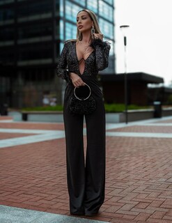 Foto 2 | Mono Bella Barnett Negro De Manga Larga Con Puños De Plumas Para Mujer - Venta Internacional.