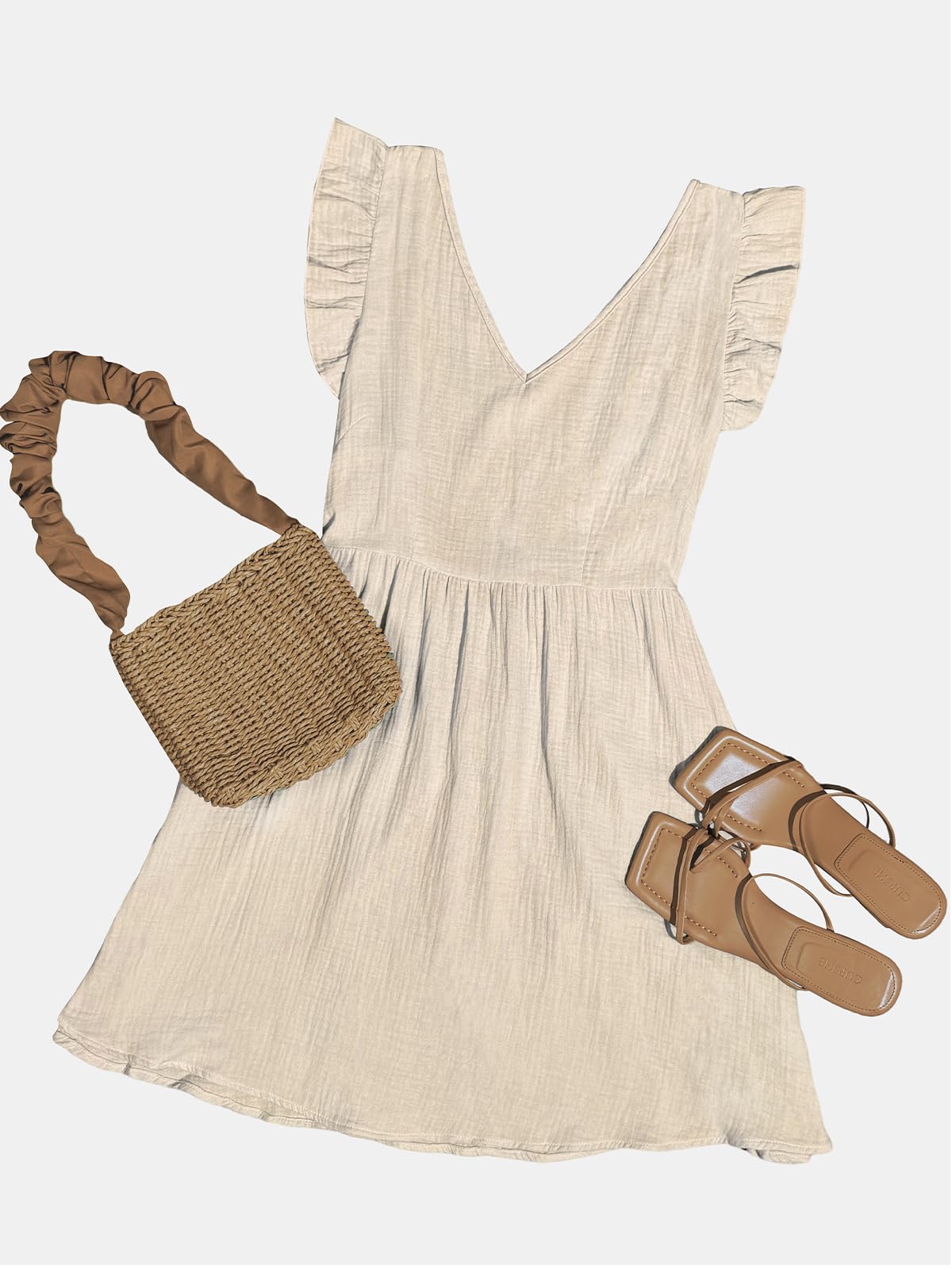 Foto 7 pulgar | Vestido Encubierto Cupshe Con Cuello En V Y Mangas Onduladas  Algodón  Beige - Venta Internacional.