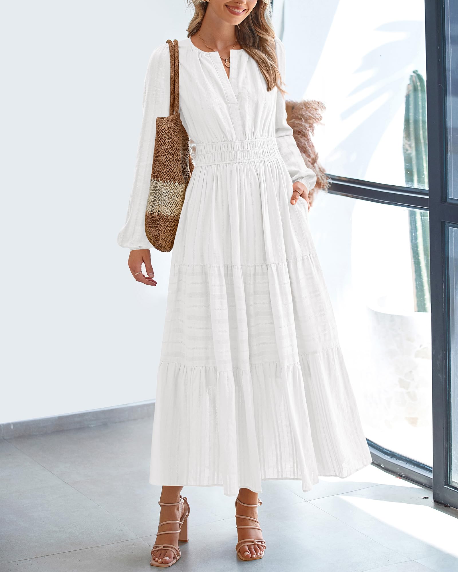 Foto 2 | Vestido Btfbm De Otoño De 2025 Para Mujer  Casual  Manga Larga  Cuello En V  Blanco - Venta Internacional.
