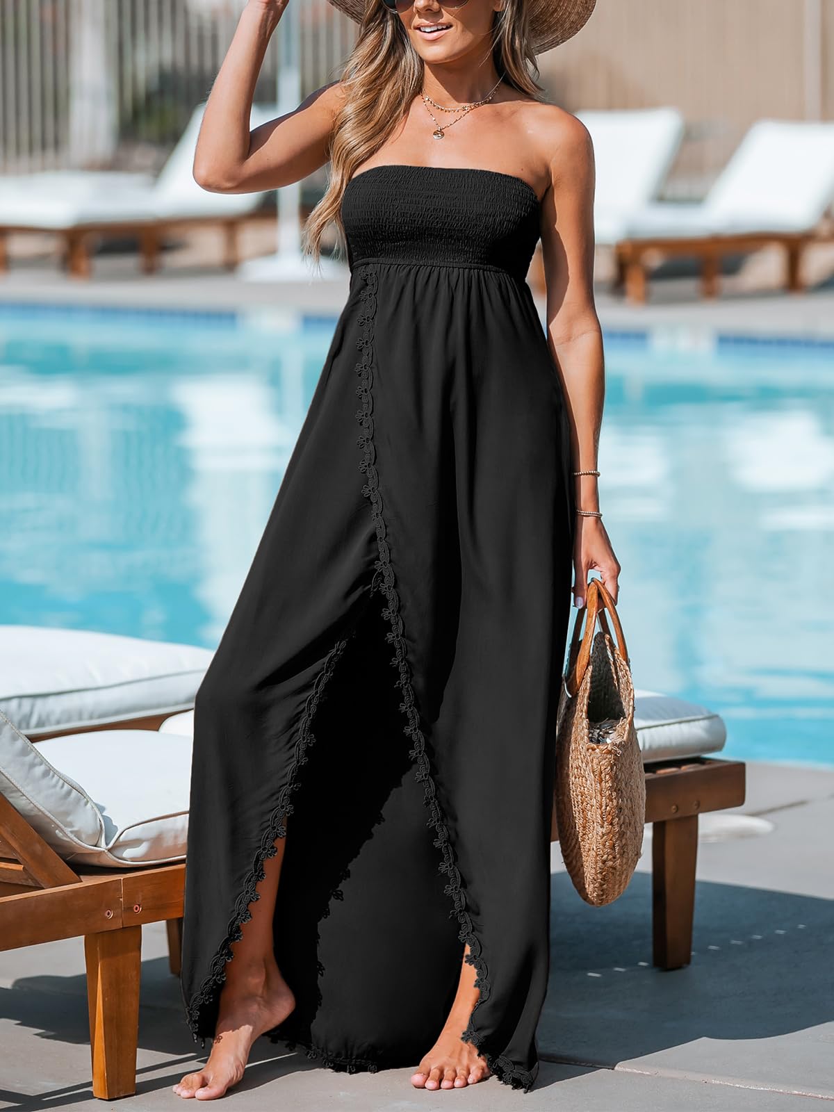 Foto 2 | Vestido Largo Cupshe Sin Mangas De Encaje Fruncido Sin Tirantes Negro - Venta Internacional.