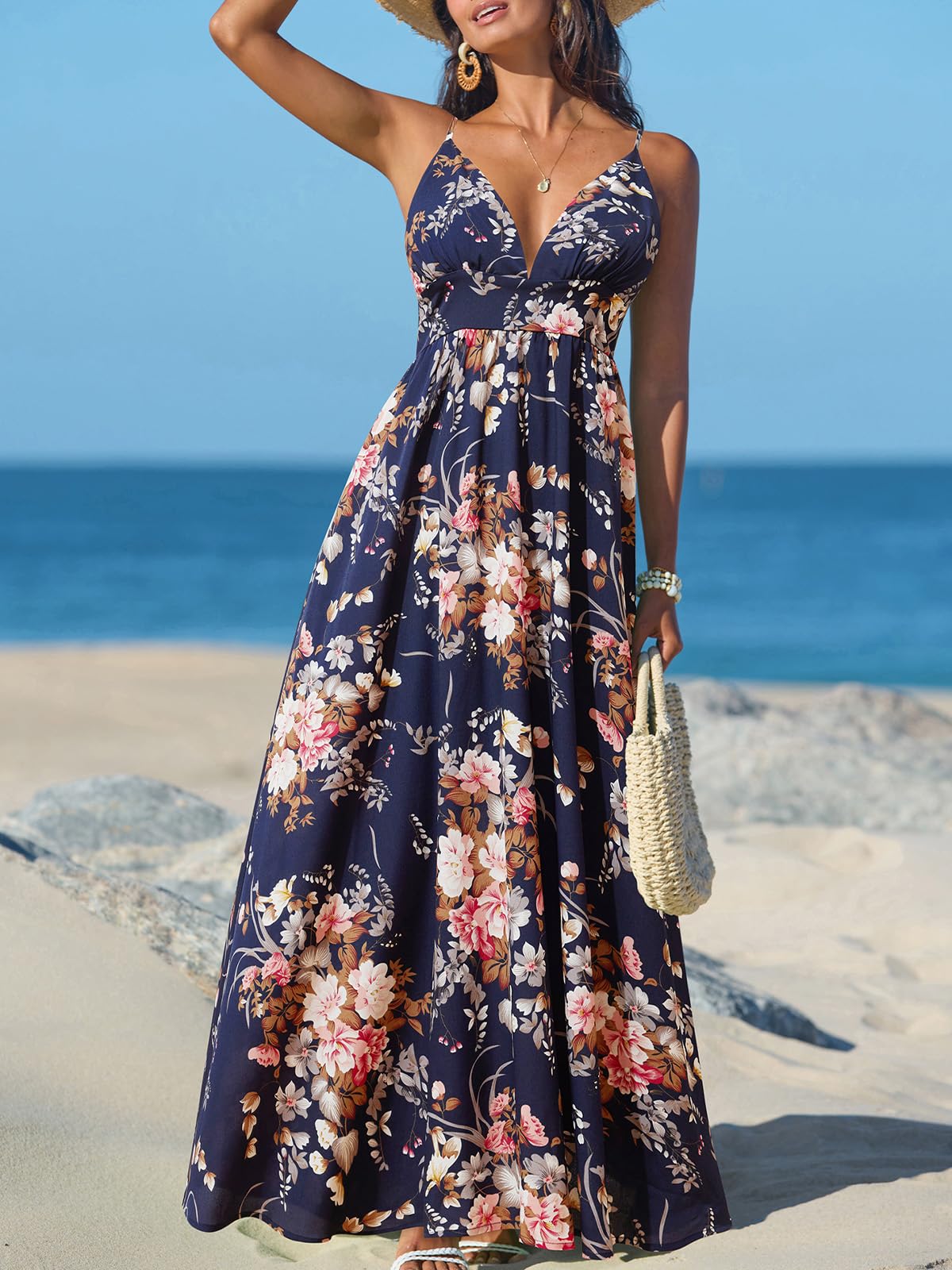 Foto 3 pulgar | Vestido Largo Cupshe Para Mujer  Cuello En V  Cuello En V  Sin Mangas  Azul Marino  Floral - Venta Internacional.