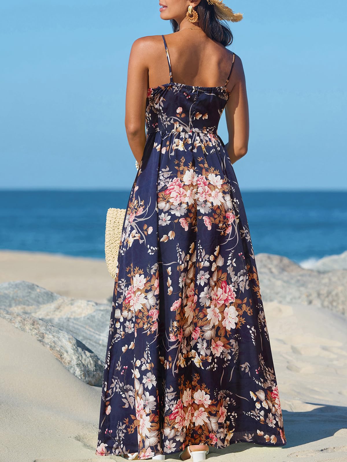 Foto 4 pulgar | Vestido Largo Cupshe Para Mujer  Cuello En V  Cuello En V  Sin Mangas  Azul Marino  Floral - Venta Internacional.