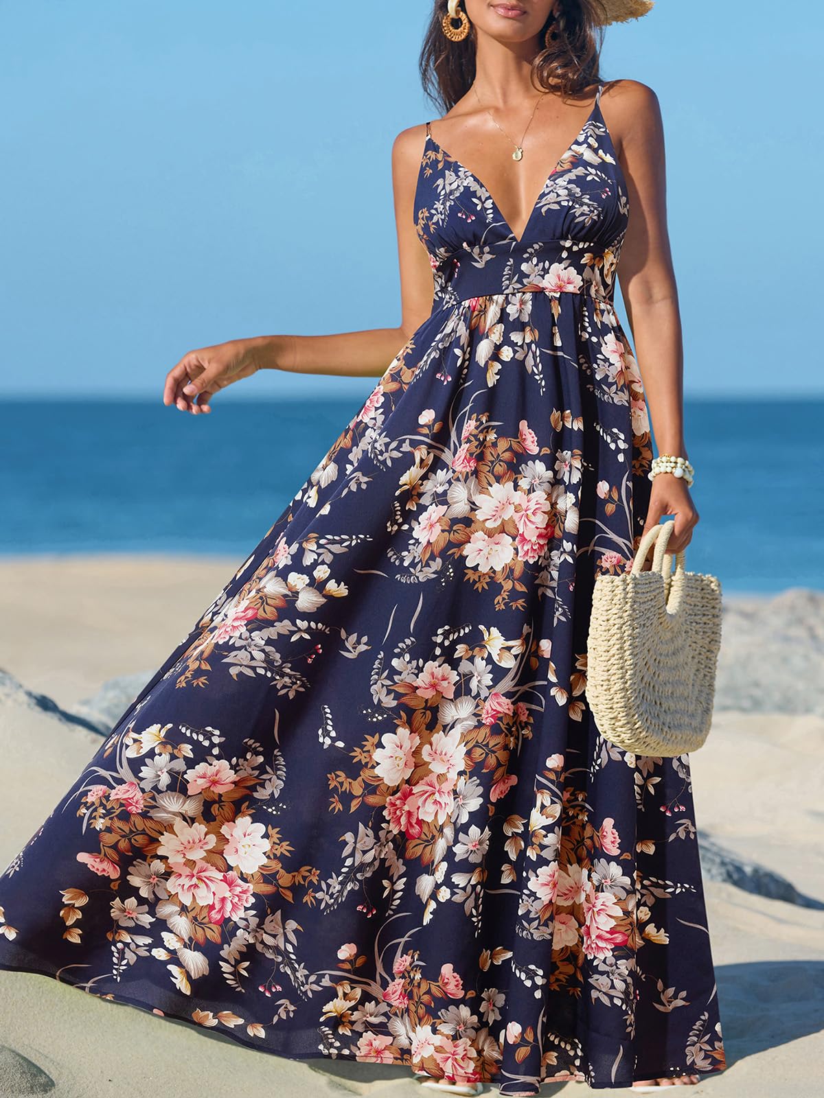 Foto 6 pulgar | Vestido Largo Cupshe Para Mujer  Cuello En V  Cuello En V  Sin Mangas  Azul Marino  Floral - Venta Internacional.