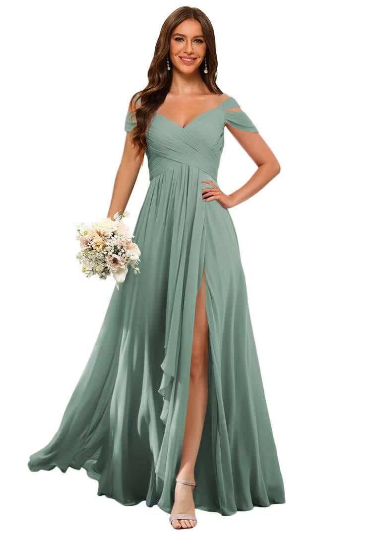 Foto 2 pulgar | Vestido De Dama De Honor Dessiny Largo Con Hombros Descubiertos En Chifón Y Eucalipto - Venta Internacional.