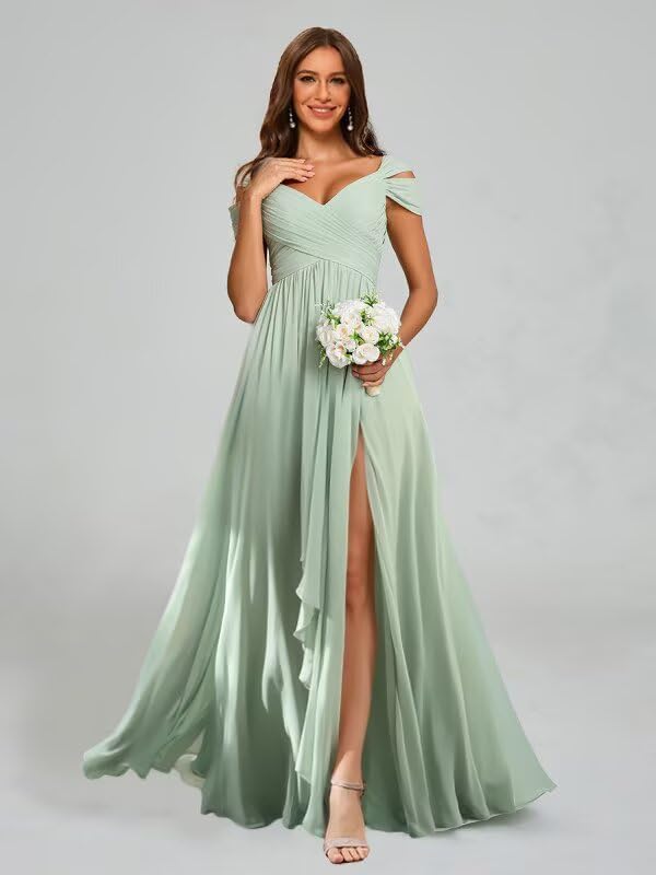 Foto 3 pulgar | Vestido De Dama De Honor Dessiny Largo Con Hombros Descubiertos En Chifón Y Eucalipto - Venta Internacional.