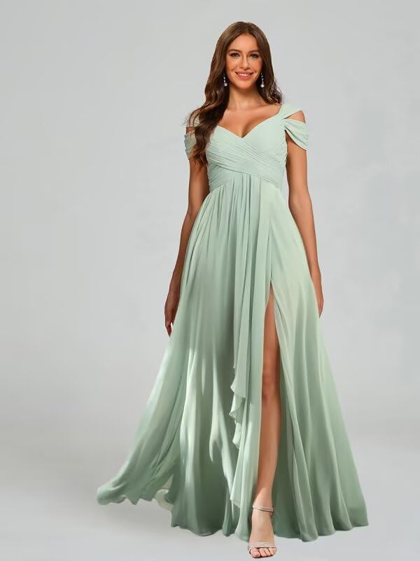 Foto 4 pulgar | Vestido De Dama De Honor Dessiny Largo Con Hombros Descubiertos En Chifón Y Eucalipto - Venta Internacional.
