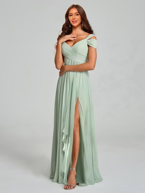 Foto 5 pulgar | Vestido De Dama De Honor Dessiny Largo Con Hombros Descubiertos En Chifón Y Eucalipto - Venta Internacional.