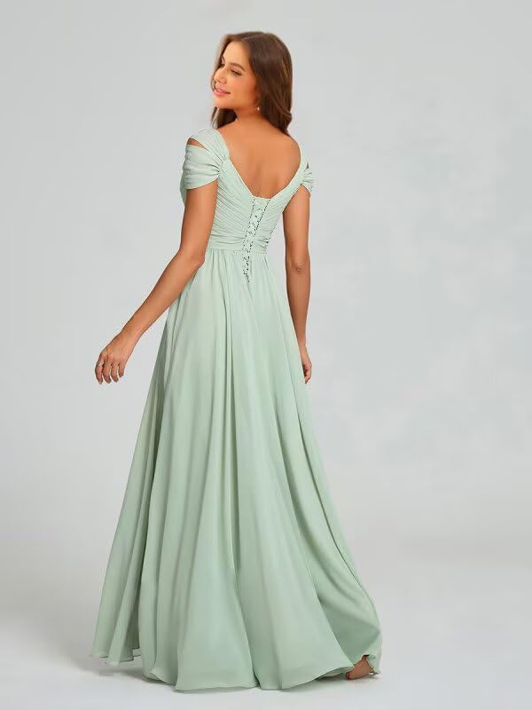 Foto 7 pulgar | Vestido De Dama De Honor Dessiny Largo Con Hombros Descubiertos En Chifón Y Eucalipto - Venta Internacional.