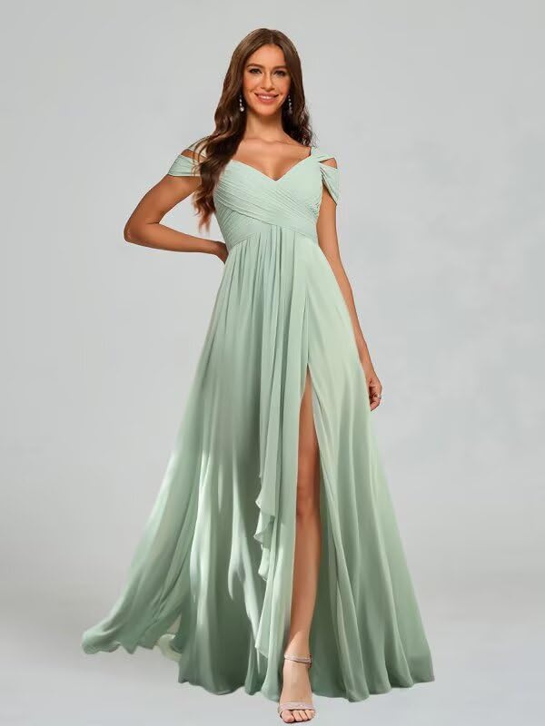 Foto 8 pulgar | Vestido De Dama De Honor Dessiny Largo Con Hombros Descubiertos En Chifón Y Eucalipto - Venta Internacional.