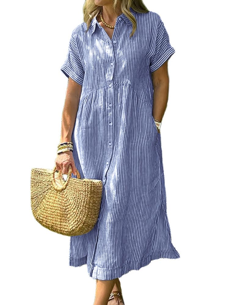 Foto 2 pulgar | Vestido Camisero Chouyatou Para Mujer  De Verano  A Rayas  Azul - Venta Internacional.
