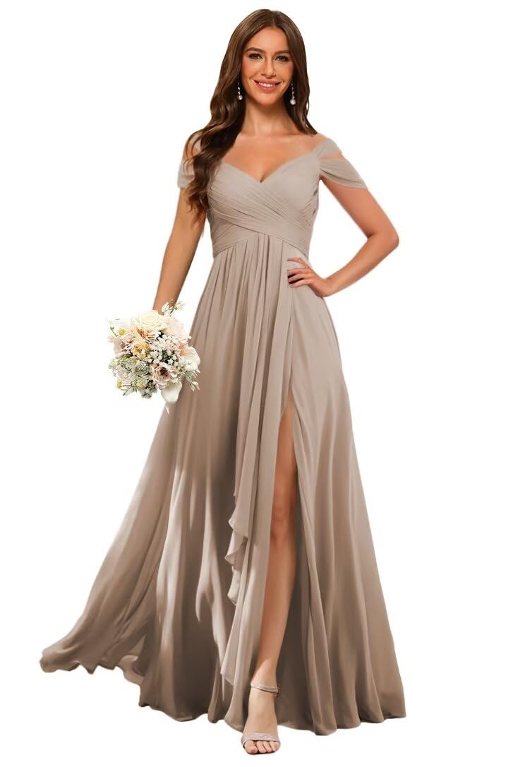 Foto 1 | Vestido De Dama De Honor Dessiny Largo De Chifón Marrón Con Hombros Descubiertos - Venta Internacional.
