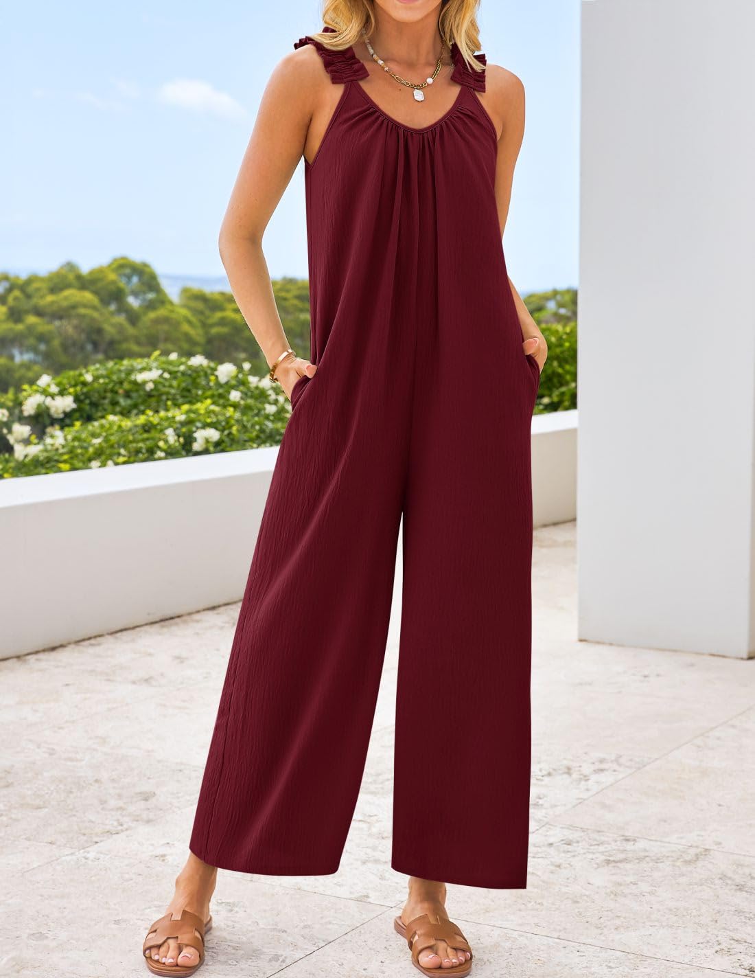 Foto 3 pulgar | Mono Zesica Sin Mangas Con Cuello En V Para Mujer, Color Vino, Talla Xl - Venta Internacional.