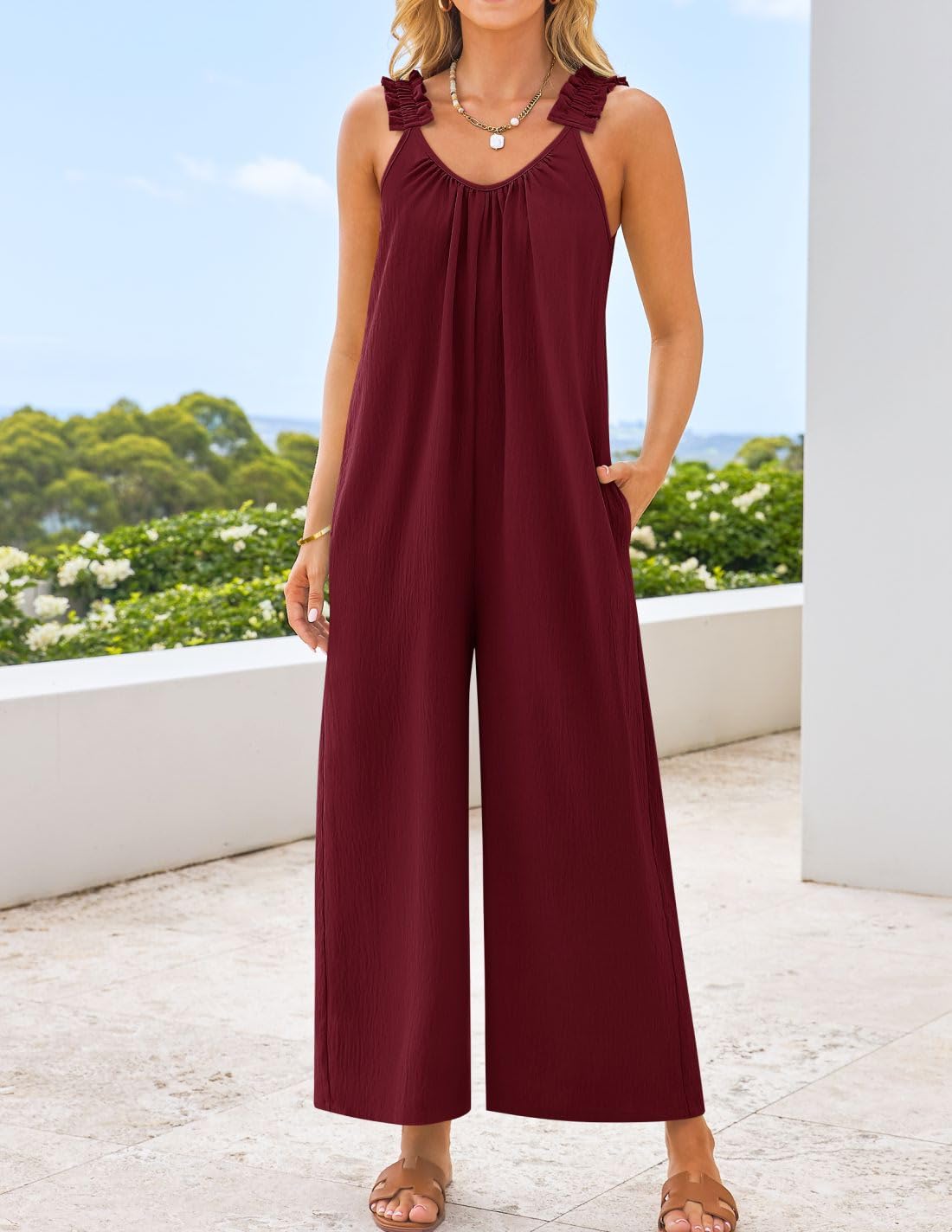 Foto 3 | Mono Zesica Sin Mangas Con Cuello En V Para Mujer, Color Vino, Talla Xl - Venta Internacional.
