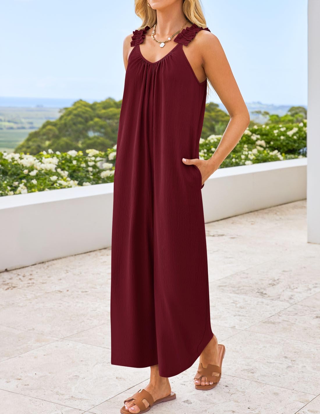 Foto 7 pulgar | Mono Zesica Sin Mangas Con Cuello En V Para Mujer, Color Vino, Talla Xl - Venta Internacional.
