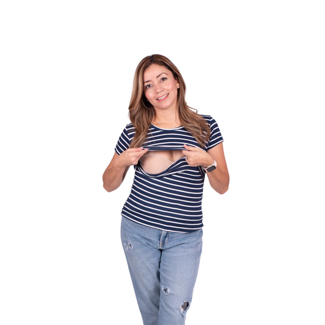 Foto 1 | Mae Baby Blusas De Maternidad Y Lactancia Mujer Playeras De Manga Corta Ropa Suave Embarazada(rayas Azul Marino B