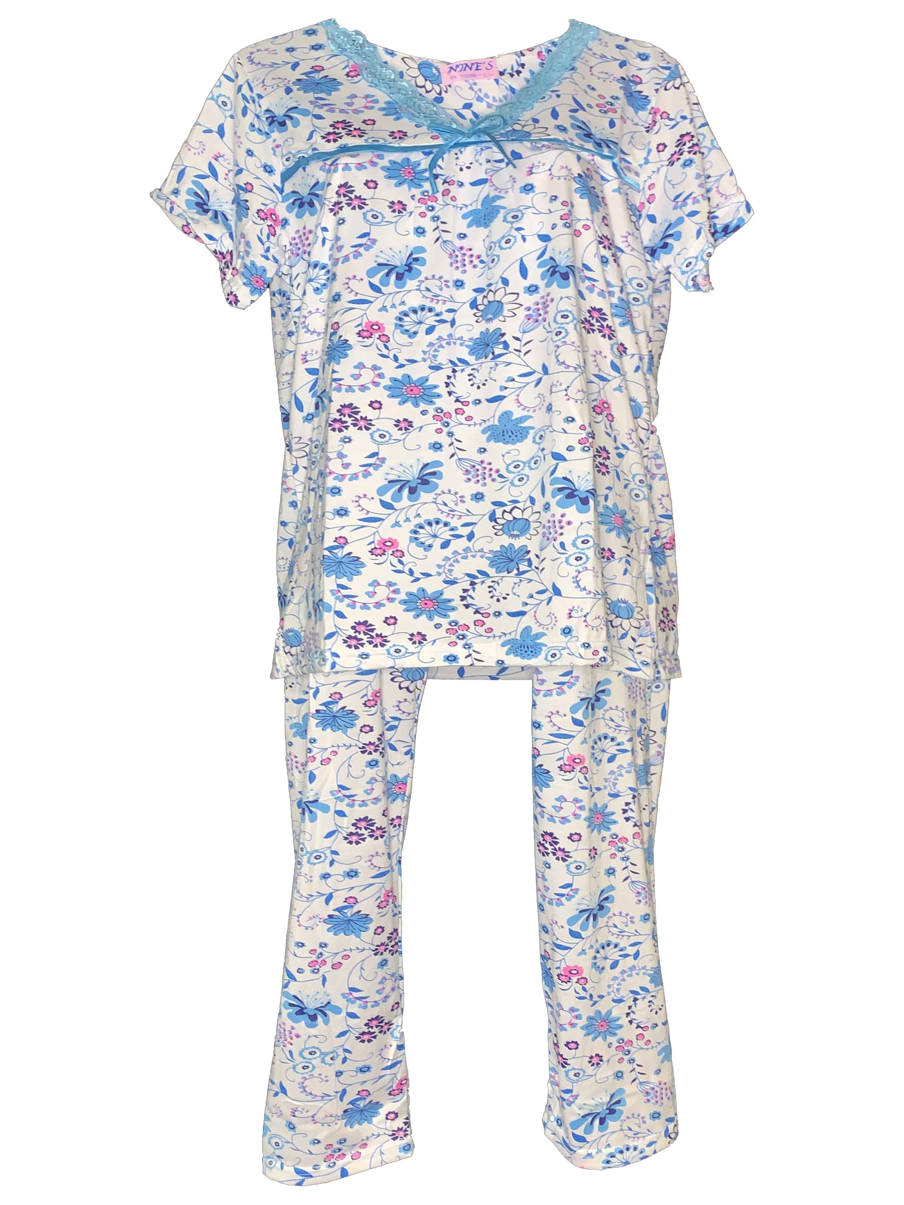 Foto 2 pulgar | Conjunto Pijama Blusa y Pantalón Tatys Fashion Diseño de Flores Suave y Cómoda color Blanco/ Azul